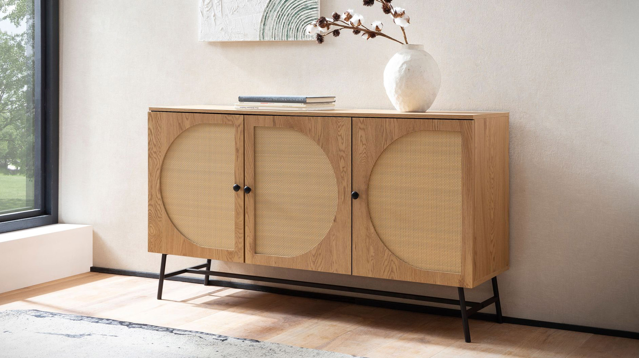 Sideboard Eiche Holzdekor - Polyrattan 140 cm - 3-türig - RATVAN