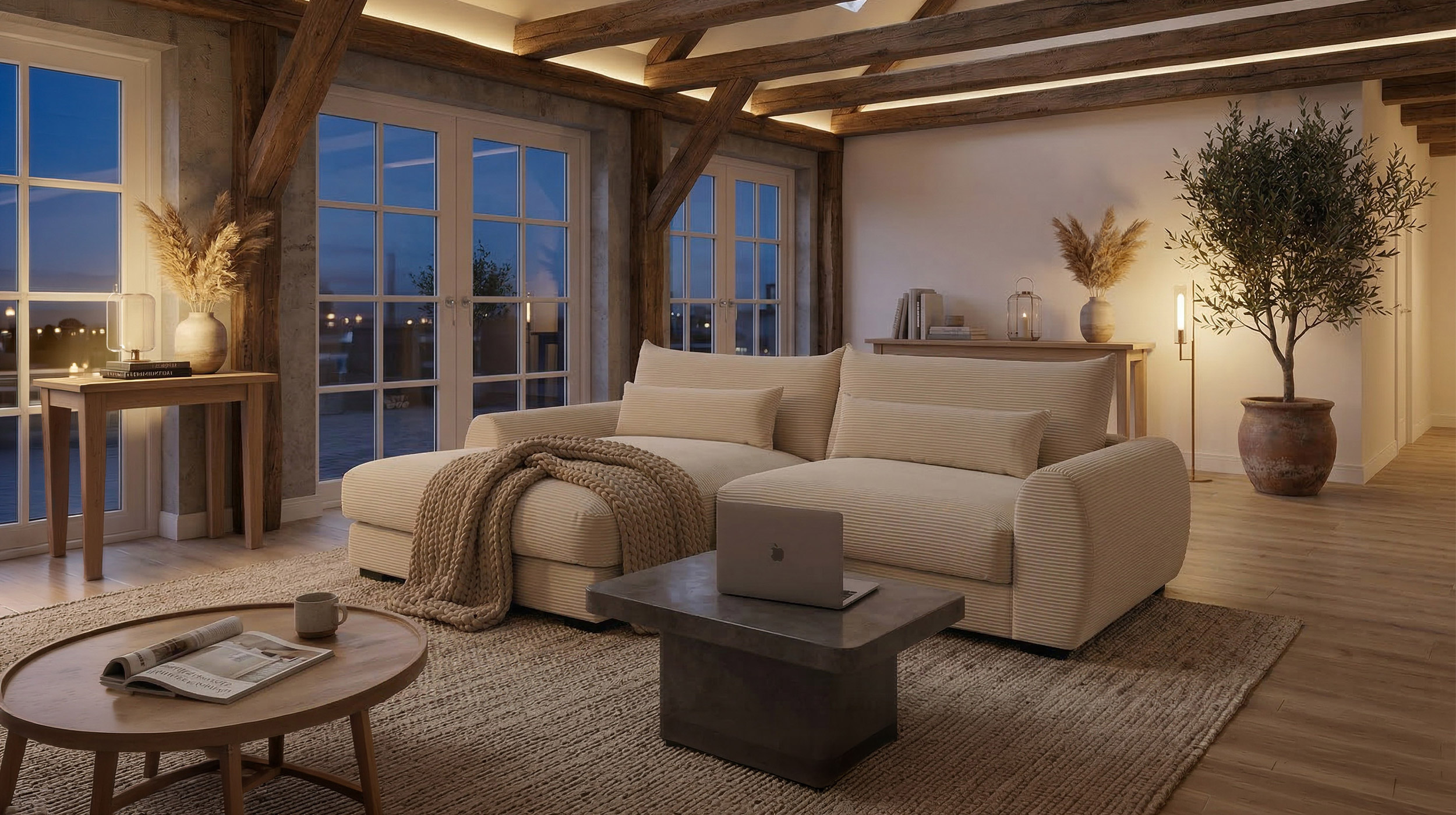Ecksofa creme Cord 265 x 180 cm OT links - MARK