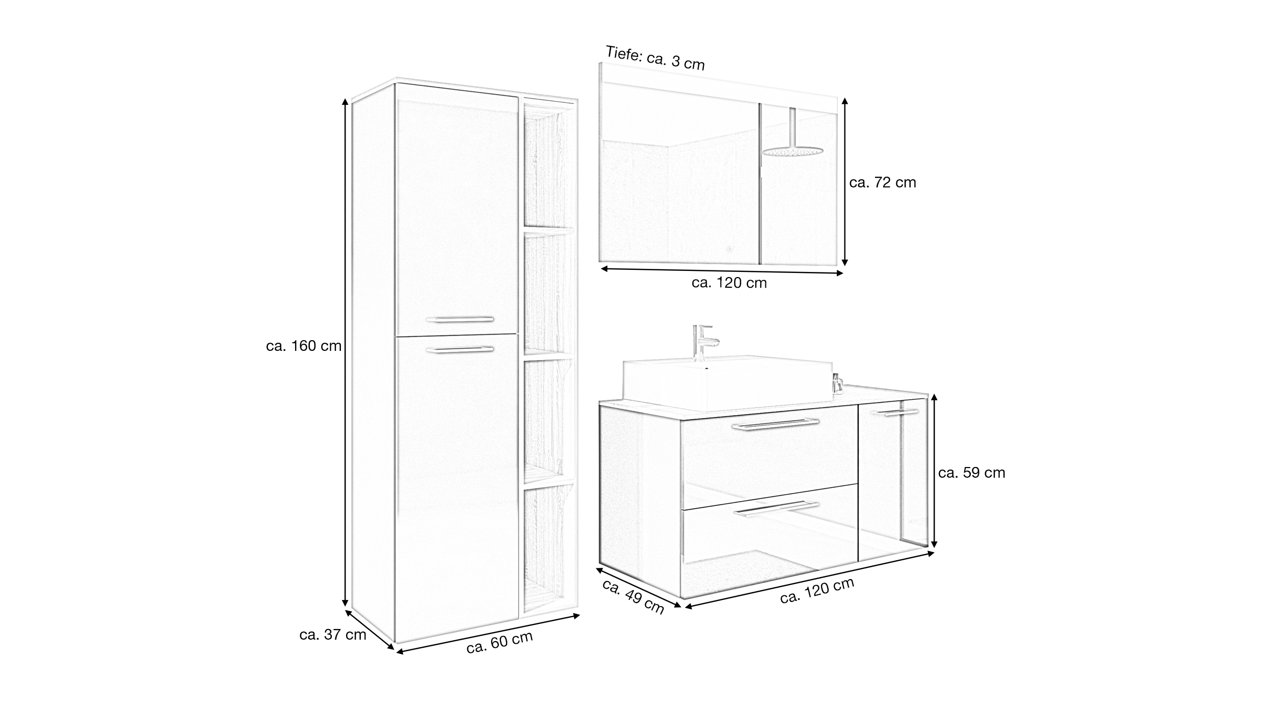 Badmöbel-Set grau hochglanz - 3 Teile - Waschtisch 120 cm - FRANKA