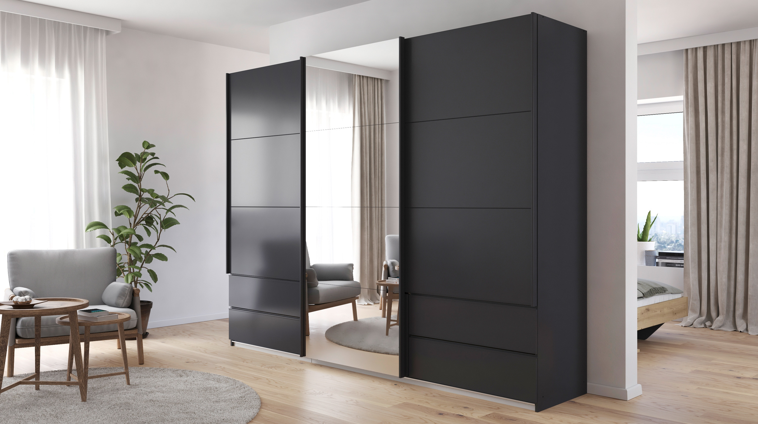Schwebetürenschrank grau mit Spiegel - 271 cm - rauch - ELARA