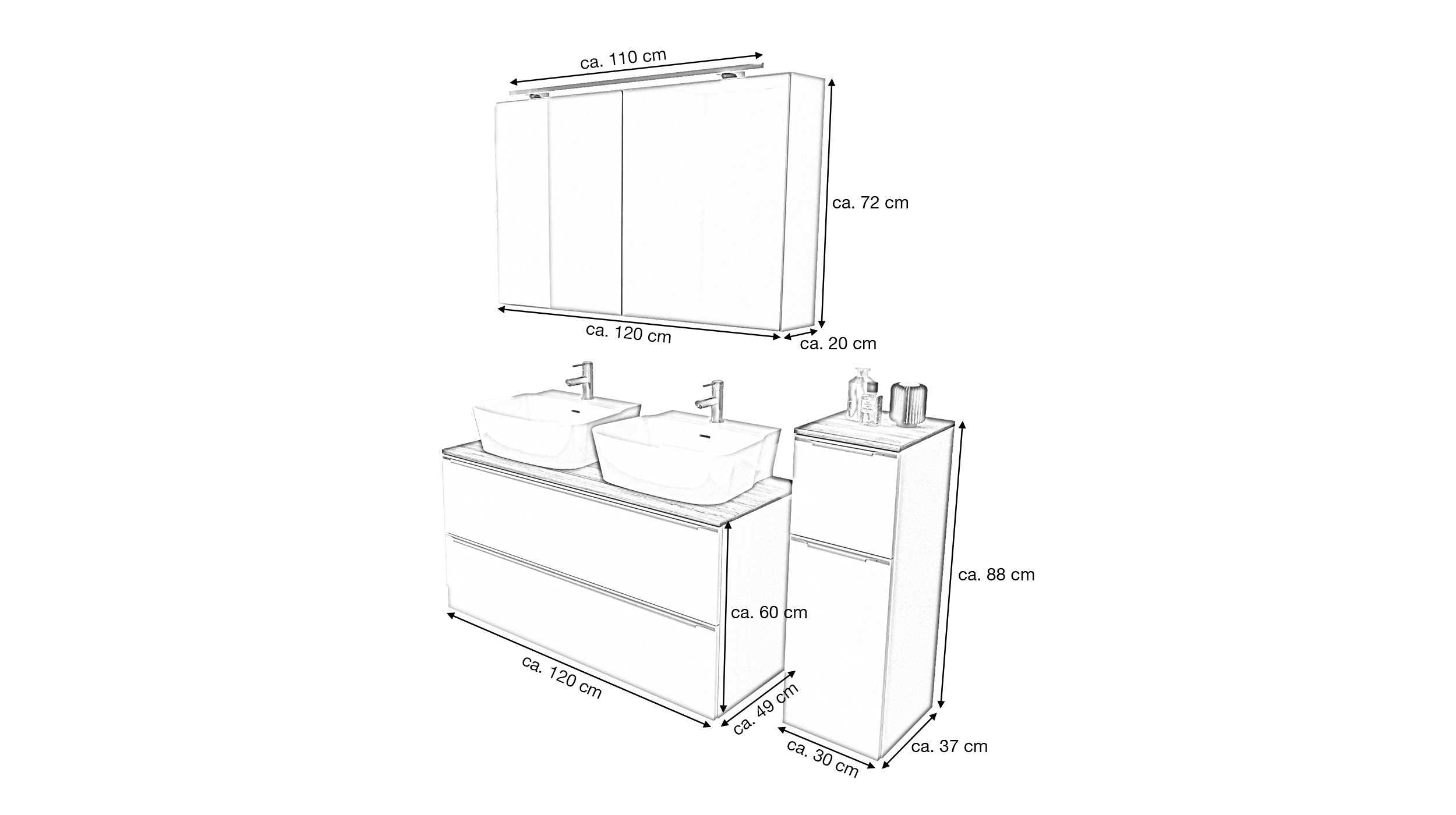 Badmöbel-Set Magnolia - 3 Teile mit MS - Waschtisch 120 cm - LEONEL