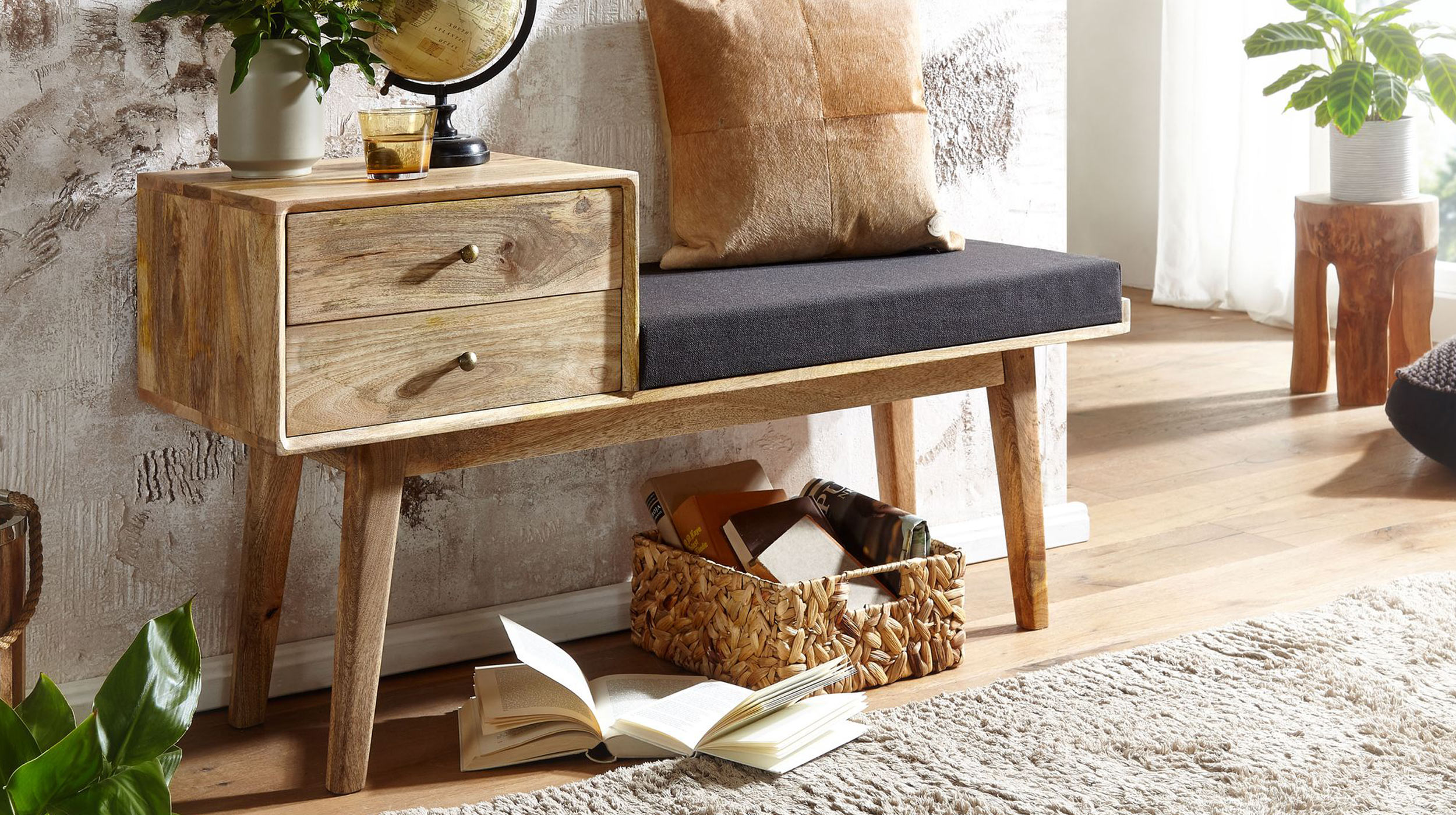 Sitzbank mit Schubladen 120 cm Mango lackiert - MARIT