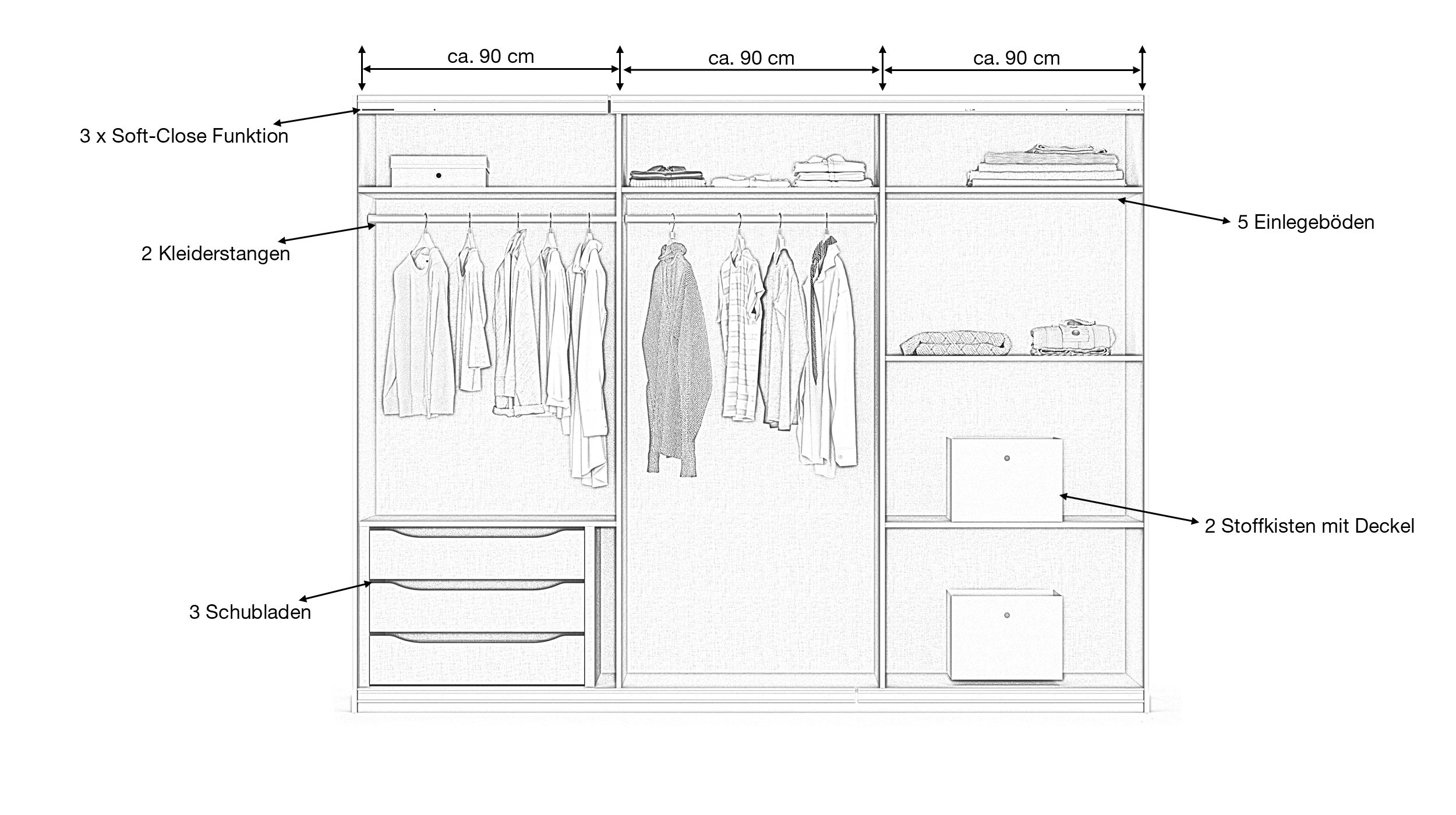 Schwebetürenschrank grau Glasfront - 271 cm- rauch - KULMBACH