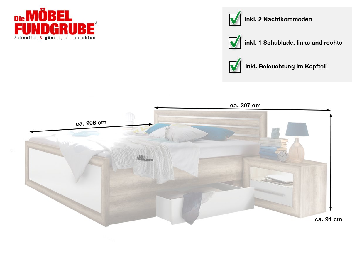 Bettanlage 180 x 200 cm Monument Oak - weiß - FERNANDO