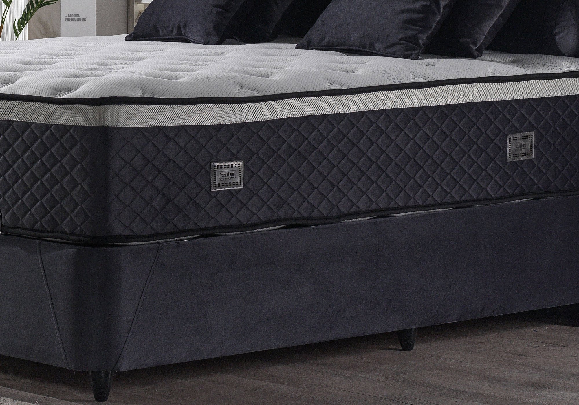 Boxbett 180 x 200 cm grau mit Bettkasten und Topper - INDIGO