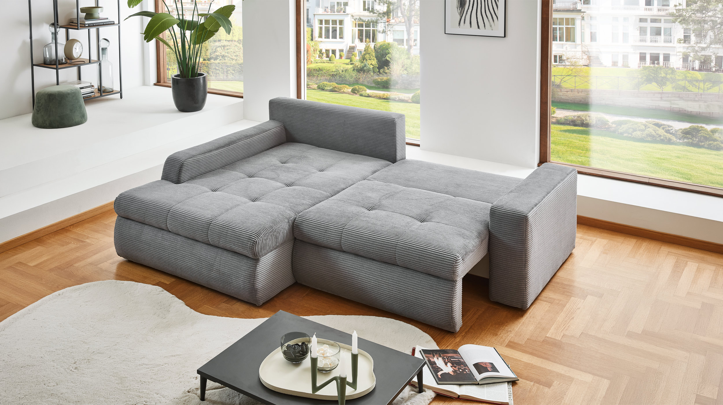 Ecksofa Cord grau mit Schlaffunktion 241 x 175 cm - LUNO