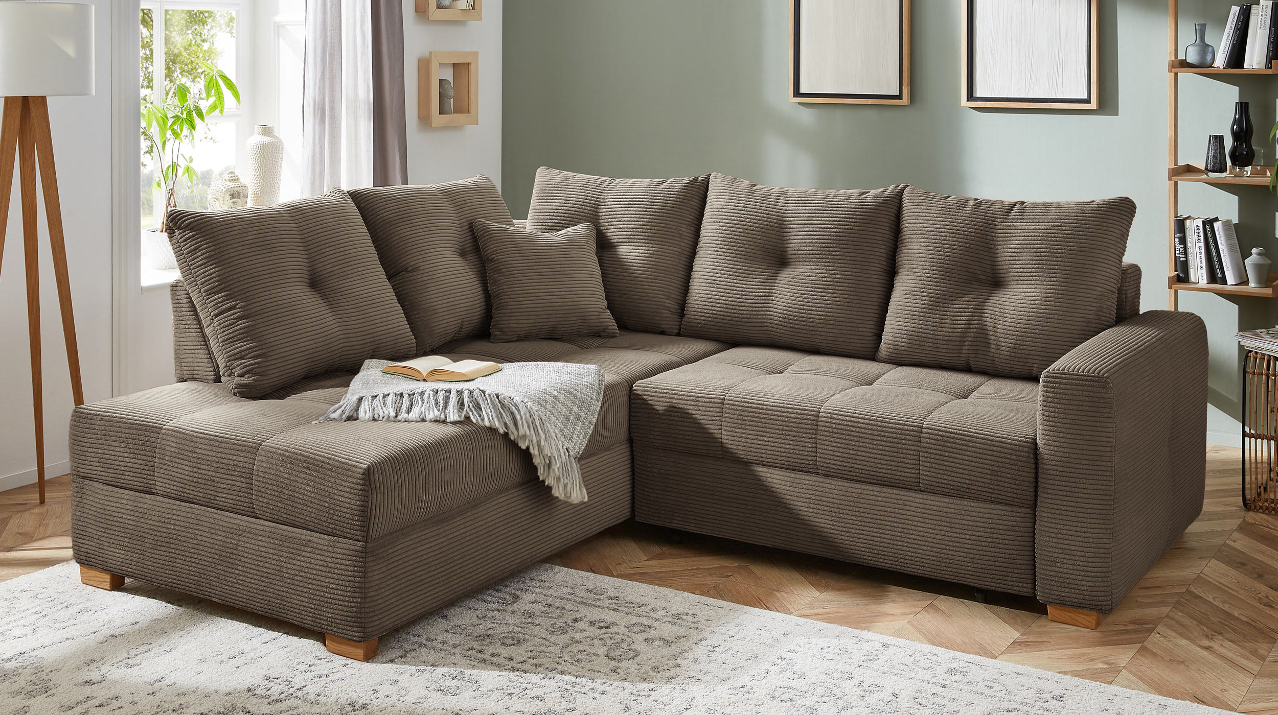 Ecksofa Cord taupe 228 cm - Schlaffunktion Bettkasten - HEIDELBERG
