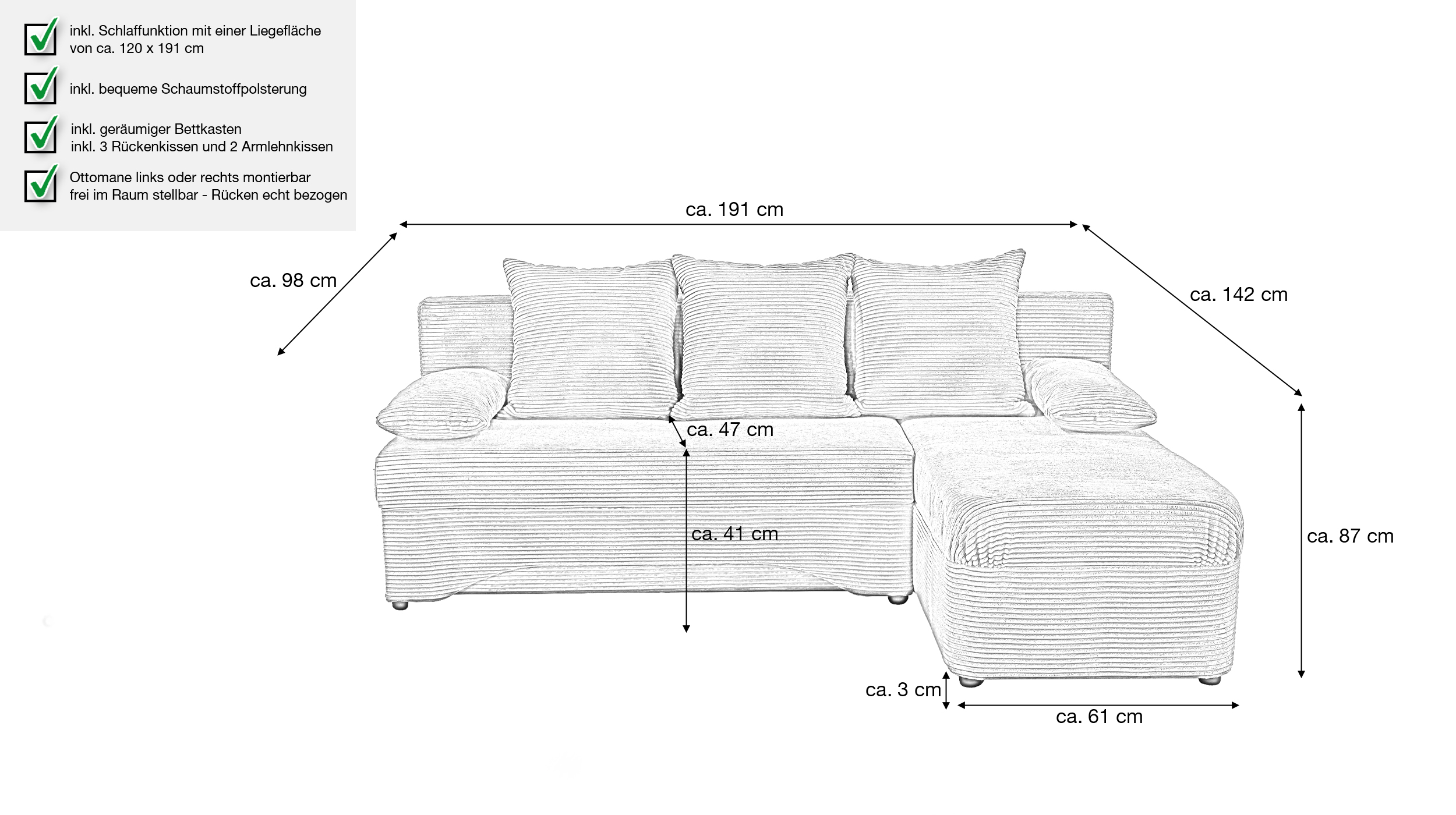 Ecksofa Cord grau Bettkasten Schlaffunktion 191 x 142 cm - POLARIS