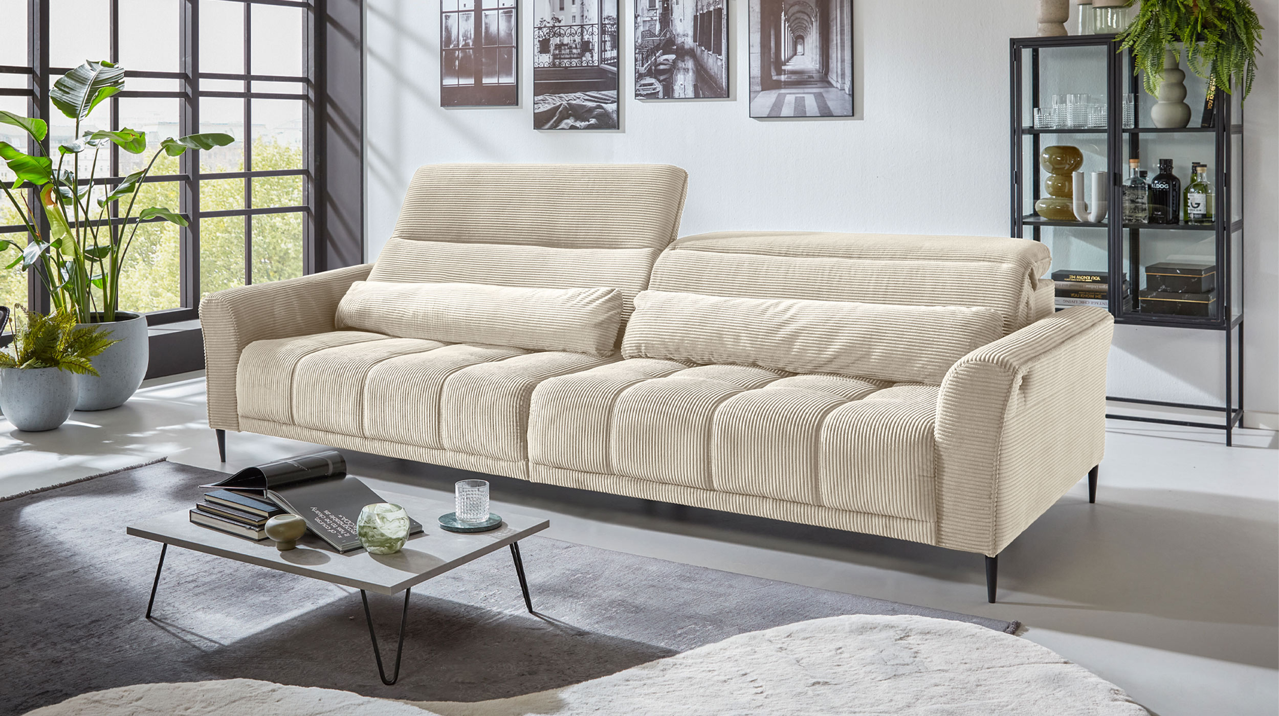 Big Sofa Cord beige ausziehbar - Sitztiefenverstellung - 280 cm - LOGAN