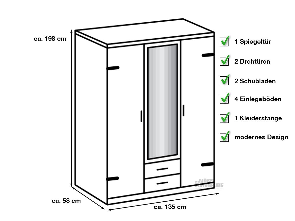 Kleiderschrank mit Spiegel Plankeneiche - graphit - 135 cm LIVERPOOL