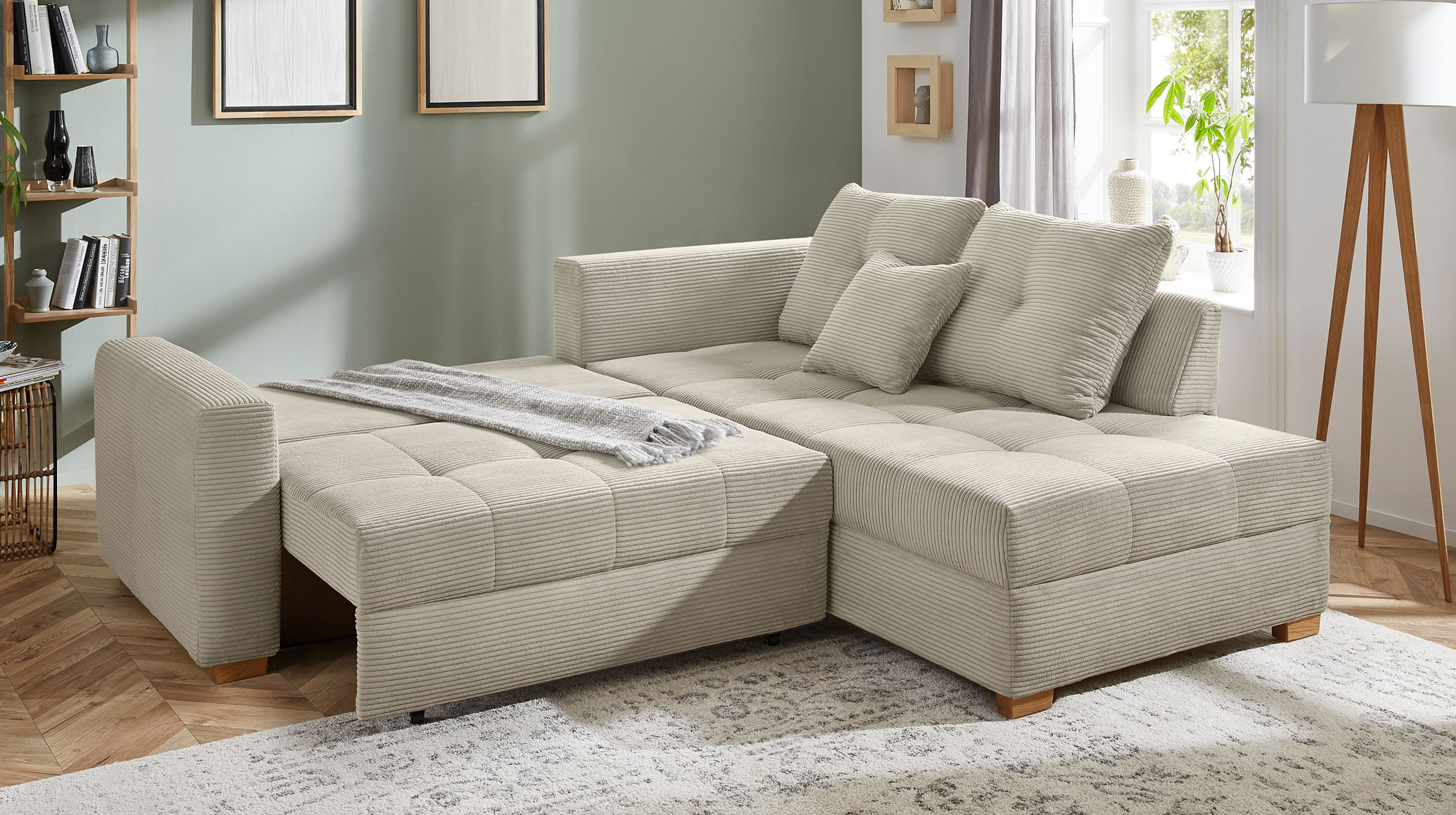 Ecksofa Cord grau-beige 228 cm - Schlaffunktion Bettkasten - HEIDELBERG