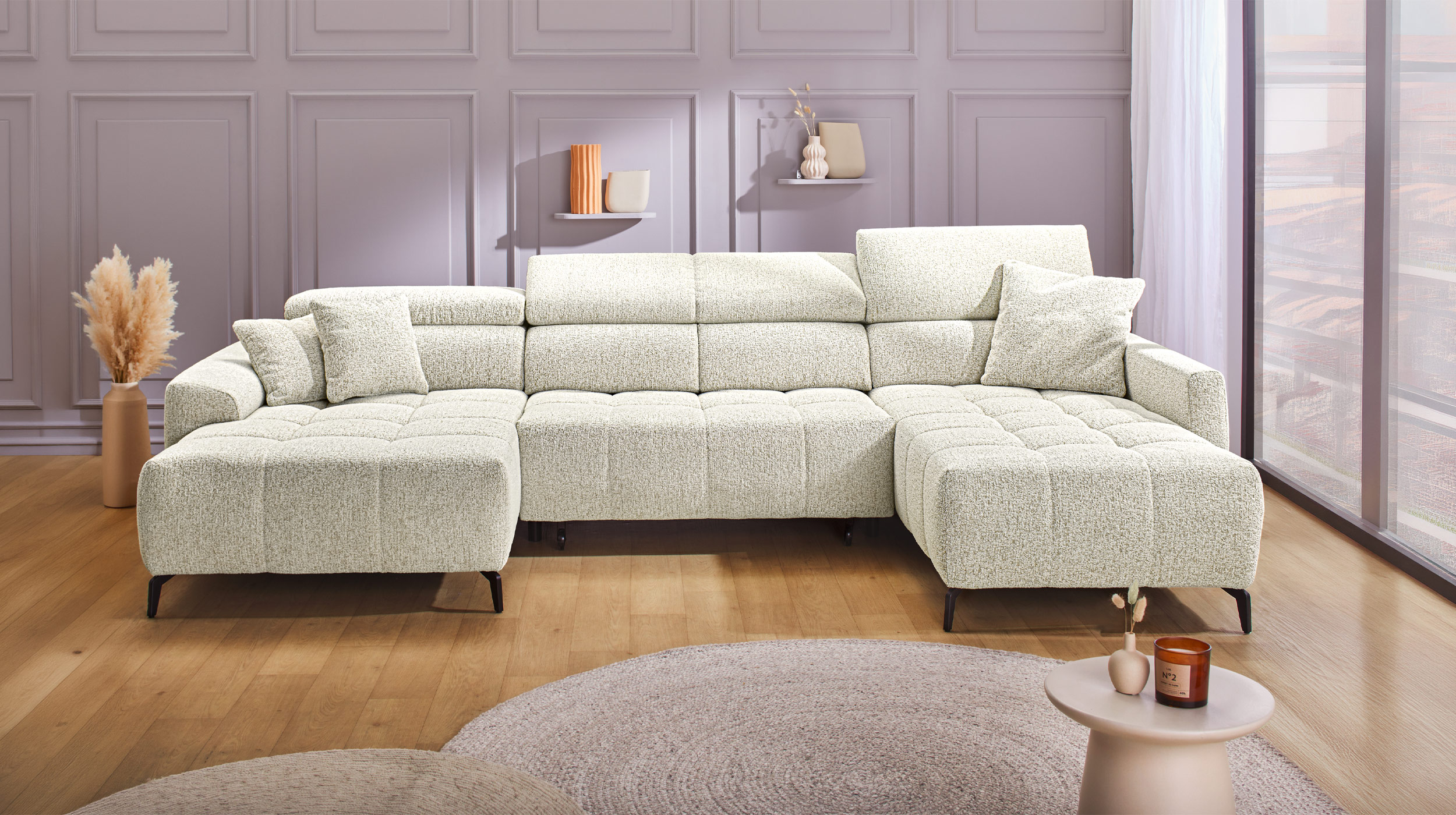 Wohnlandschaft beige elektrisch ausfahrbar 358 cm - ULTIMA