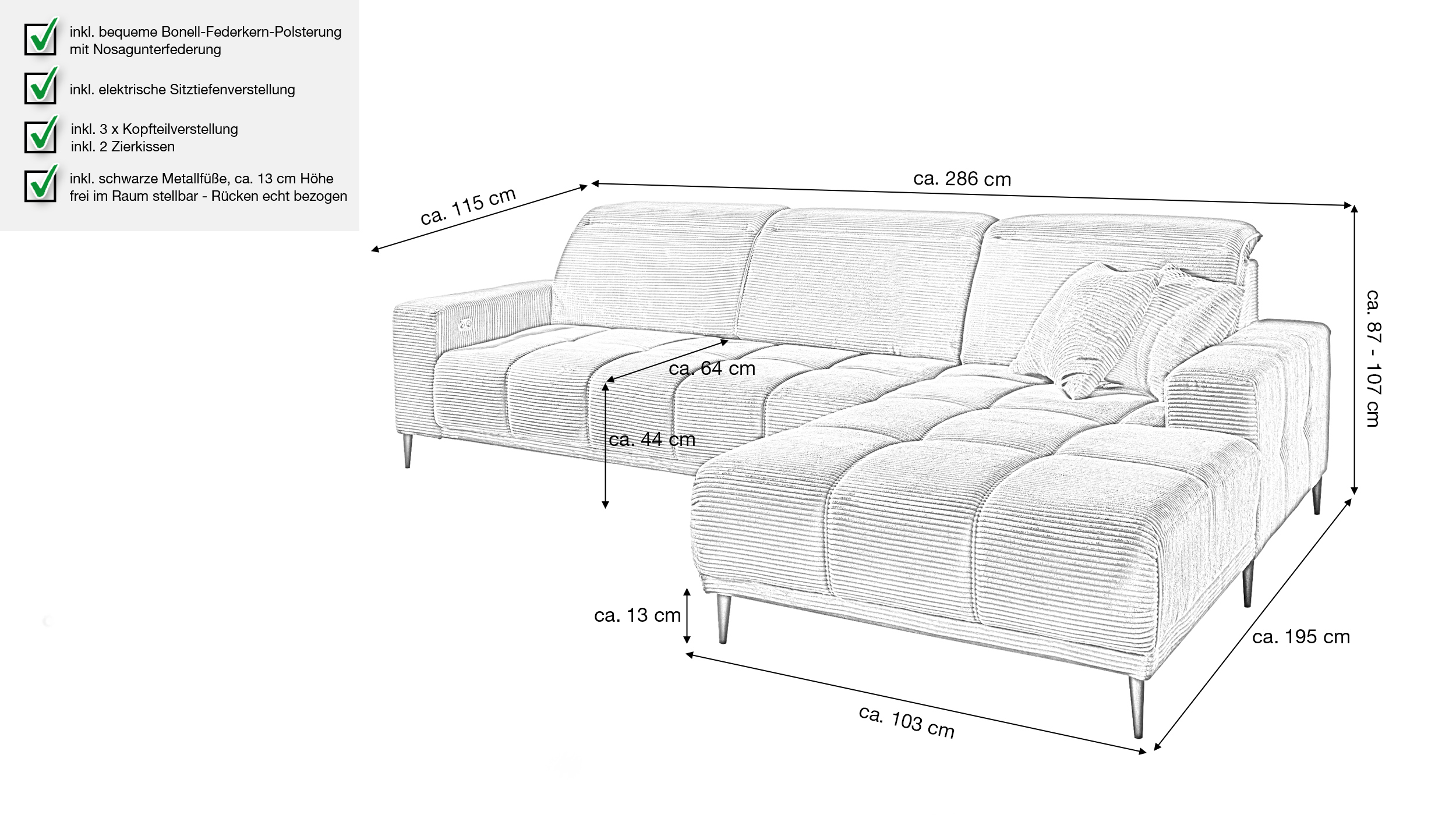 Ecksofa Cord grün ausziehbar - Sitztiefenverstellung 286 cm - OT rechts - MARISOL
