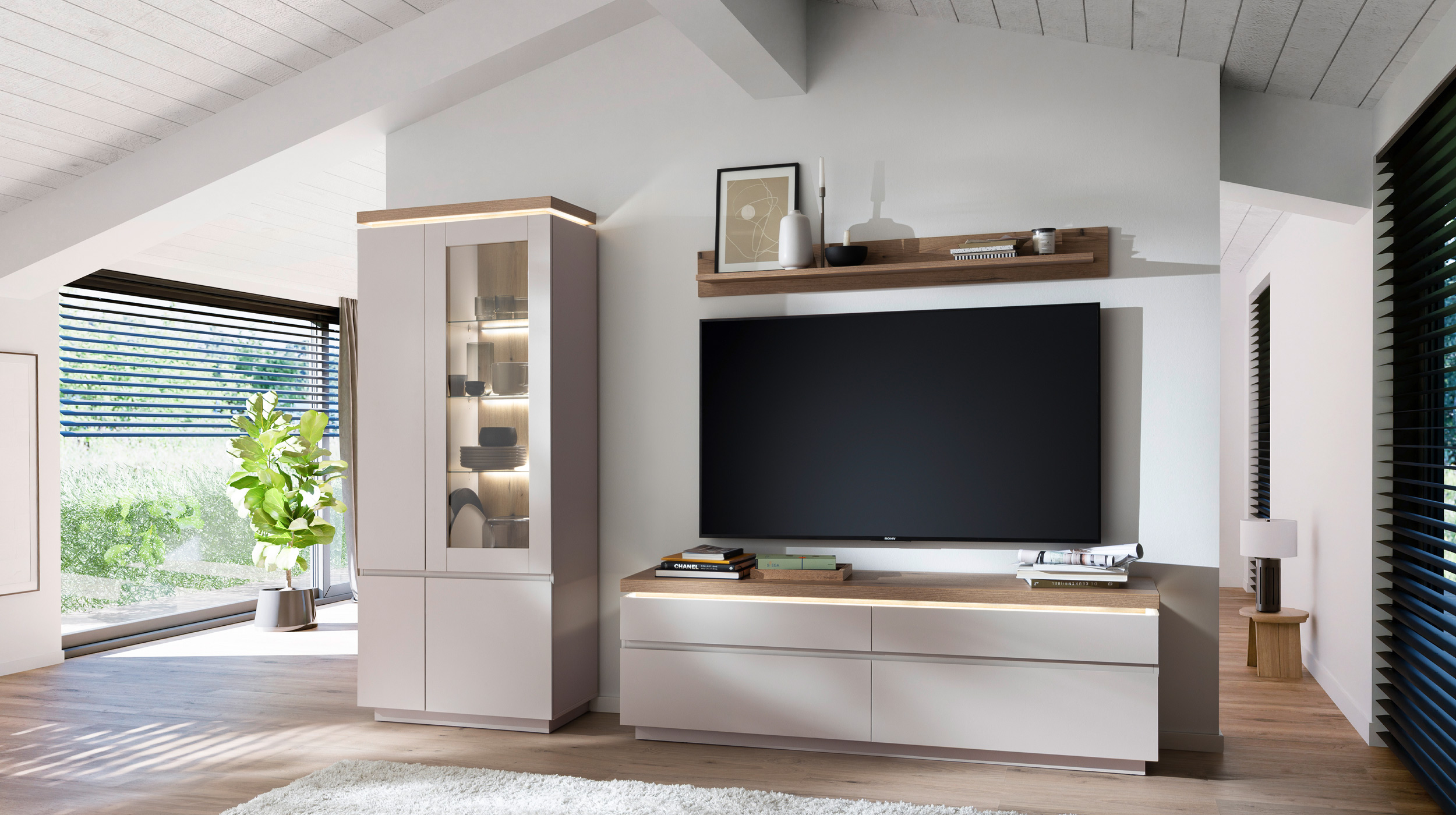 Wohnwand beige - Evoke Eiche 278 cm - LED-Beleuchtung - REMOLINO