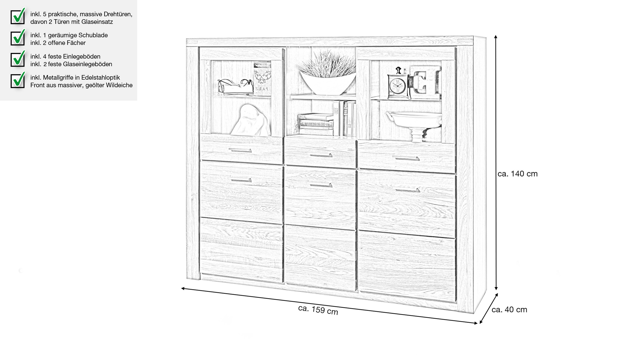 Highboard Wildeiche massiv geölt 159 cm - FREYJA