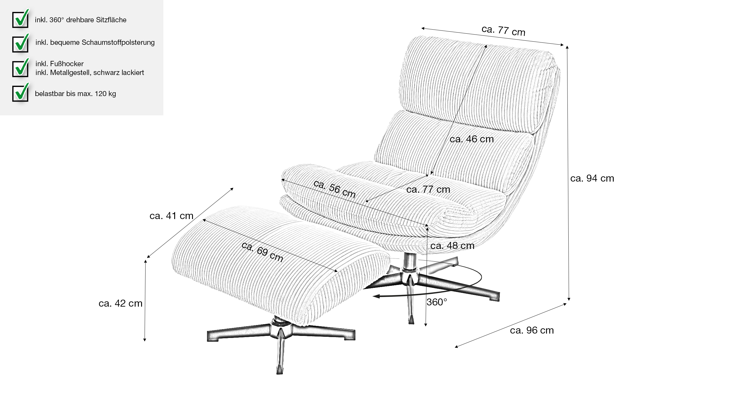 Relaxsessel Cord mit Hocker beige - drehbar - LIORA