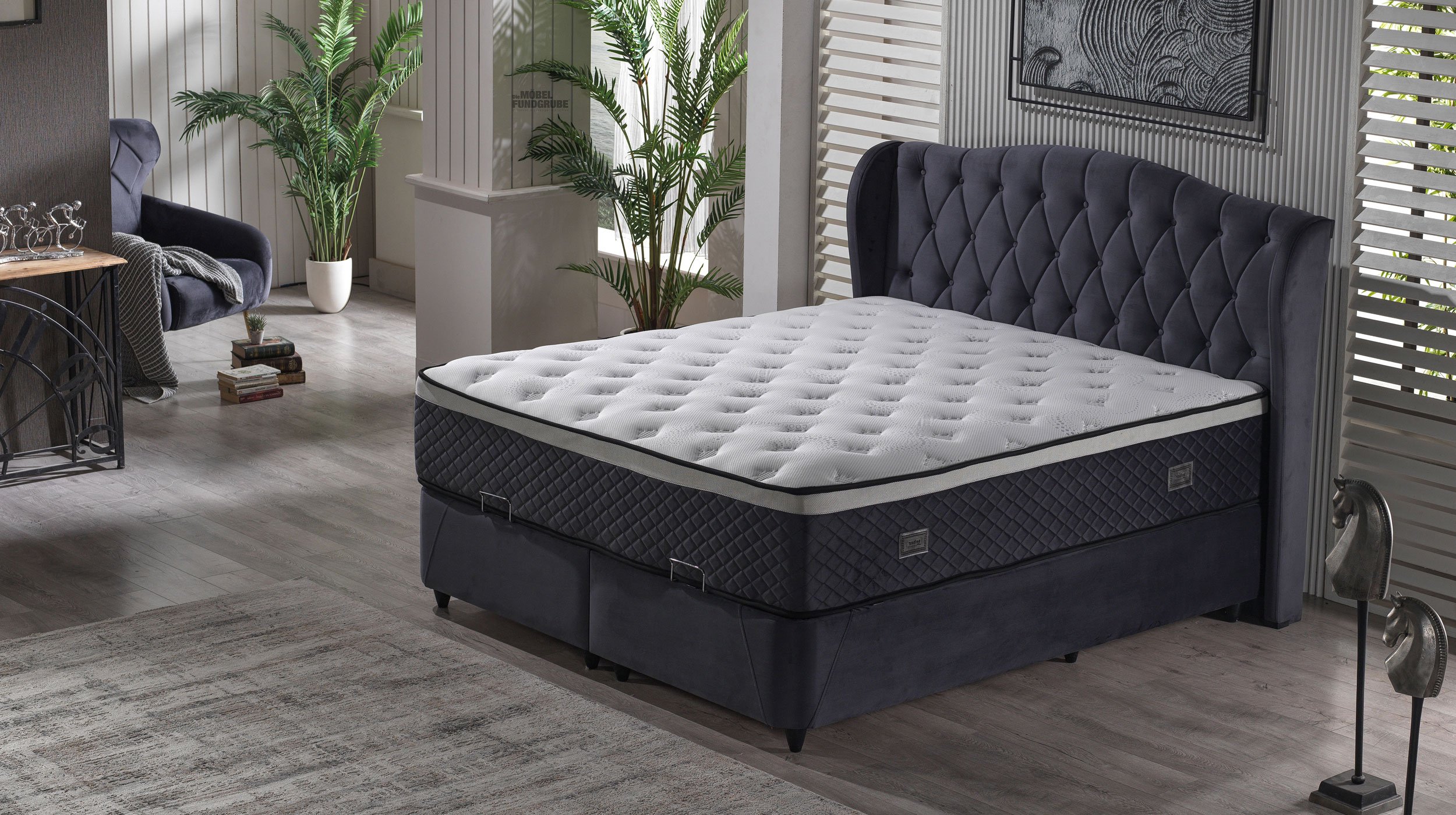 Boxbett 180 x 200 cm grau mit Bettkasten und Topper - INDIGO