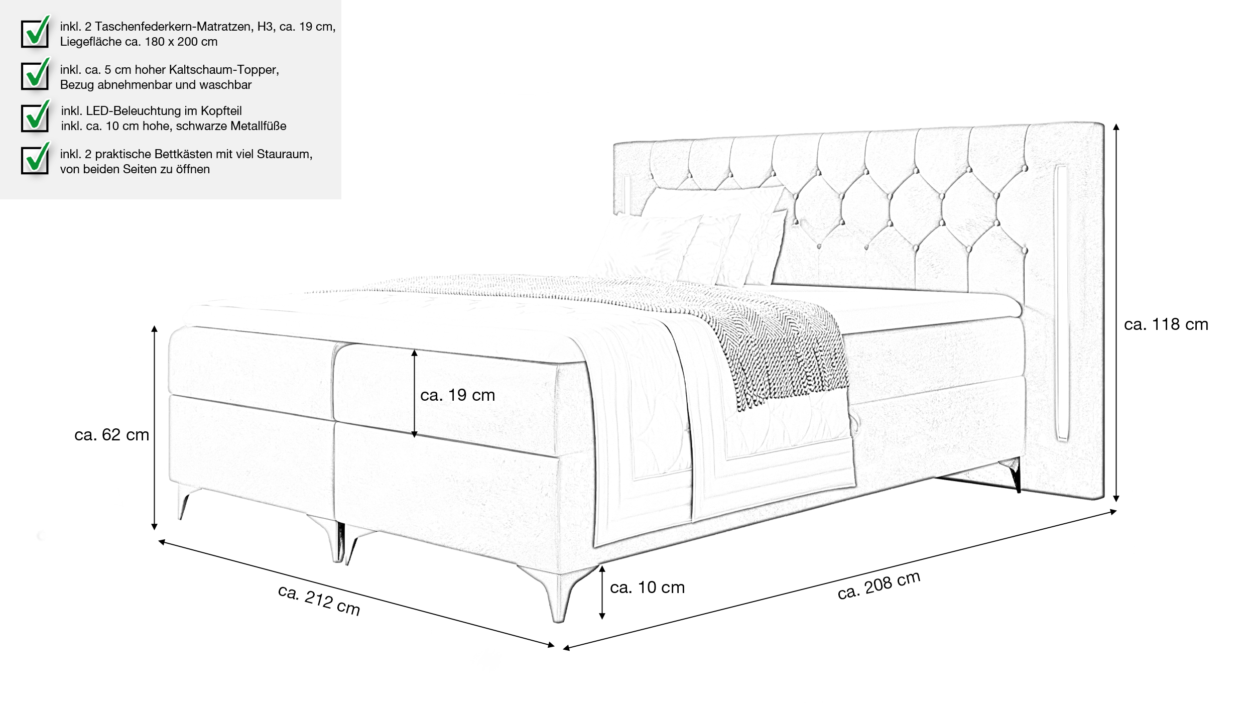 Boxbett 180 x 200 cm mit Bettkasten anthrazit Samt - CALIFORNIA
