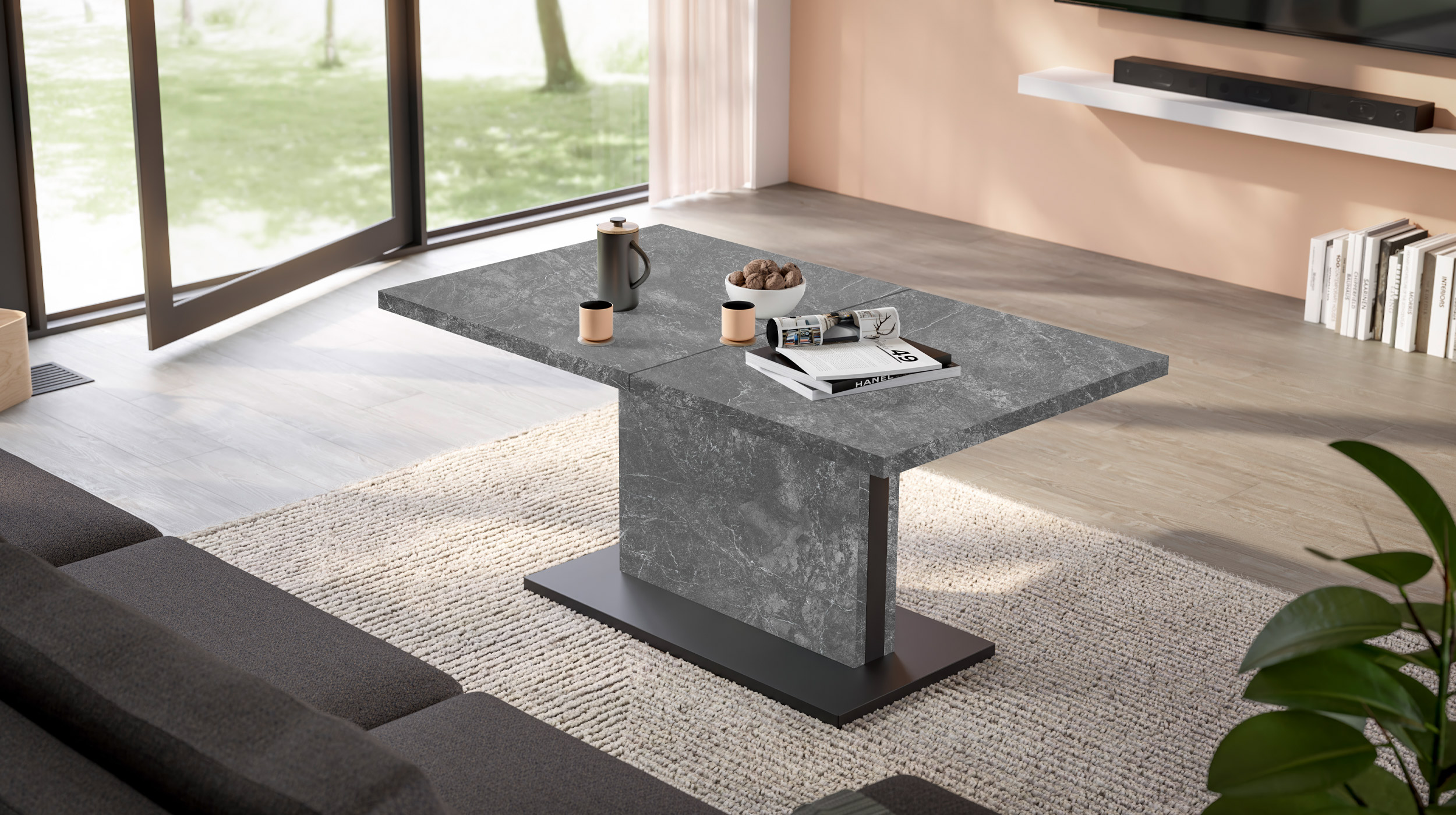 Couchtisch ausziehbar - grau - 120/160 cm - höhenverstellbar - LIFT