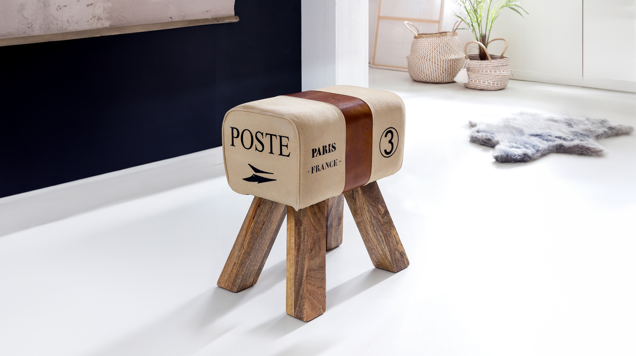 Sitz- & Fußhocker Stoffbezug beige Mango massiv lackiert - CARLAS