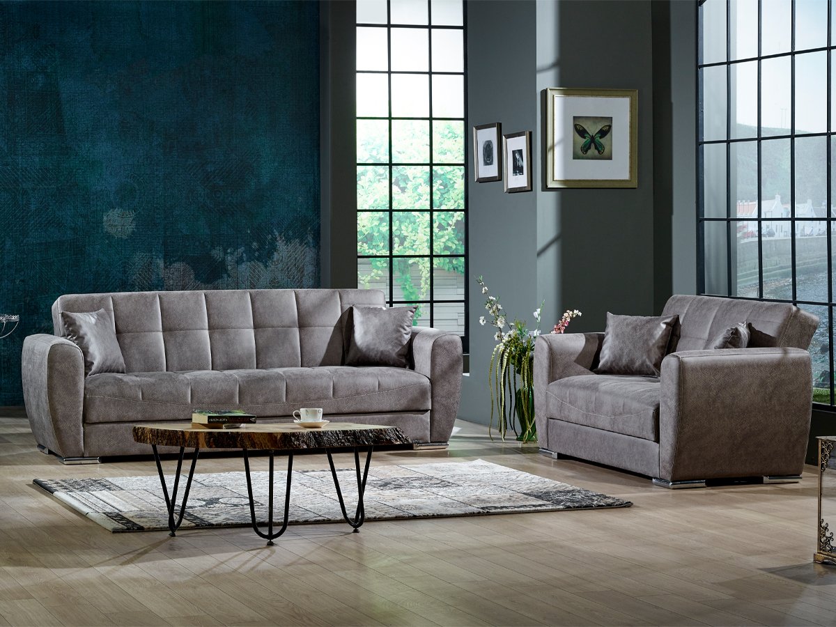 Schlafsofa grau Bettkasten ausziehbar Federkern 229 cm - OSMA