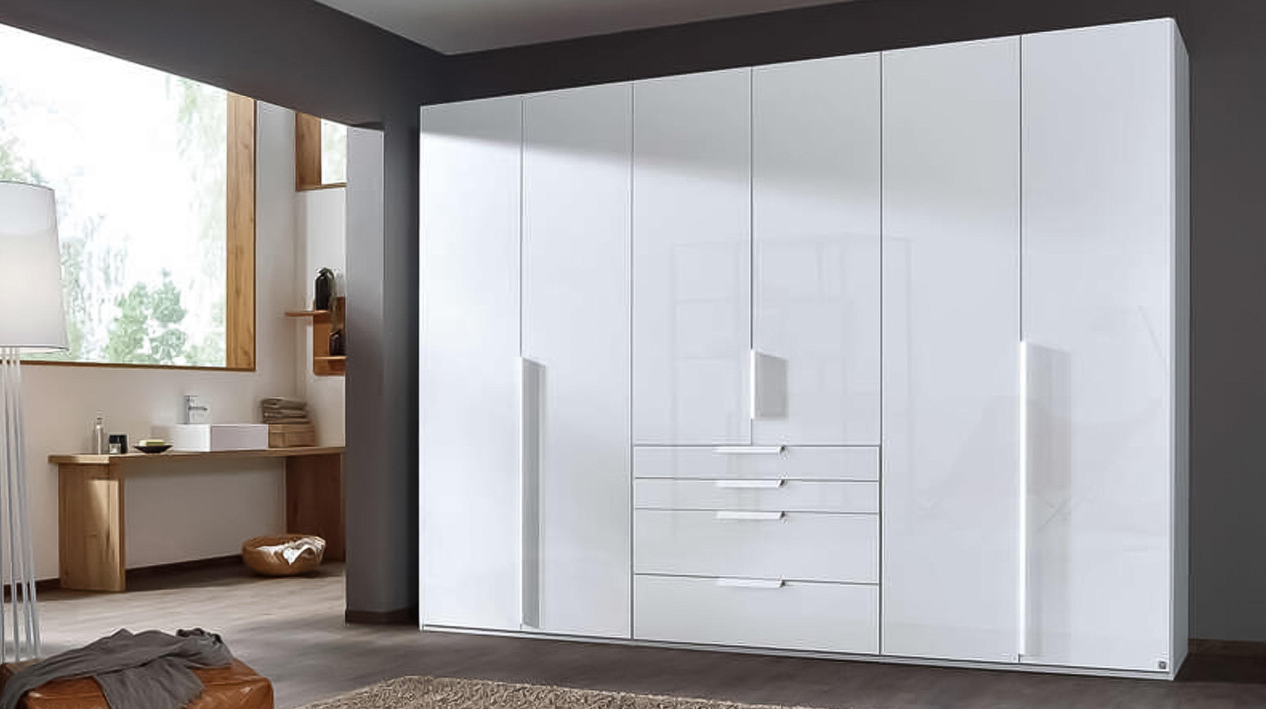 Kleiderschrank 301 cm weiß Glas 6 türig - rauch - POSA