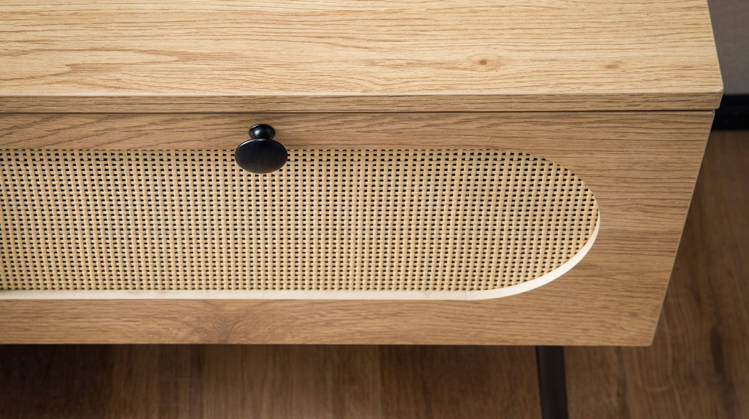TV - Lowboard Eiche Holzdekor - Polyrattan 100 cm - RATVAN