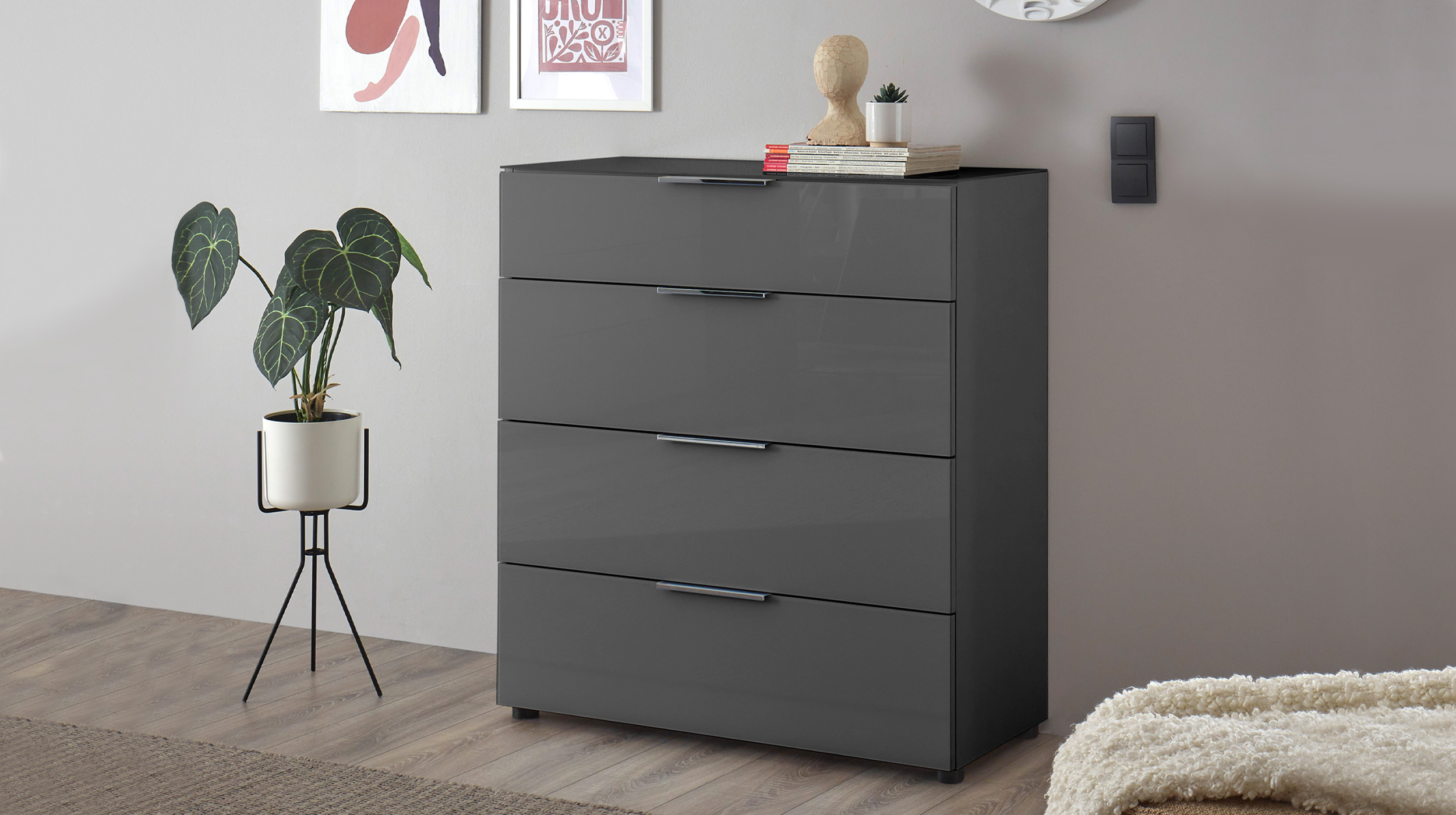 Kommode 4 Schubladen - anthrazit - Glasfront - 90 cm - SANTORIN