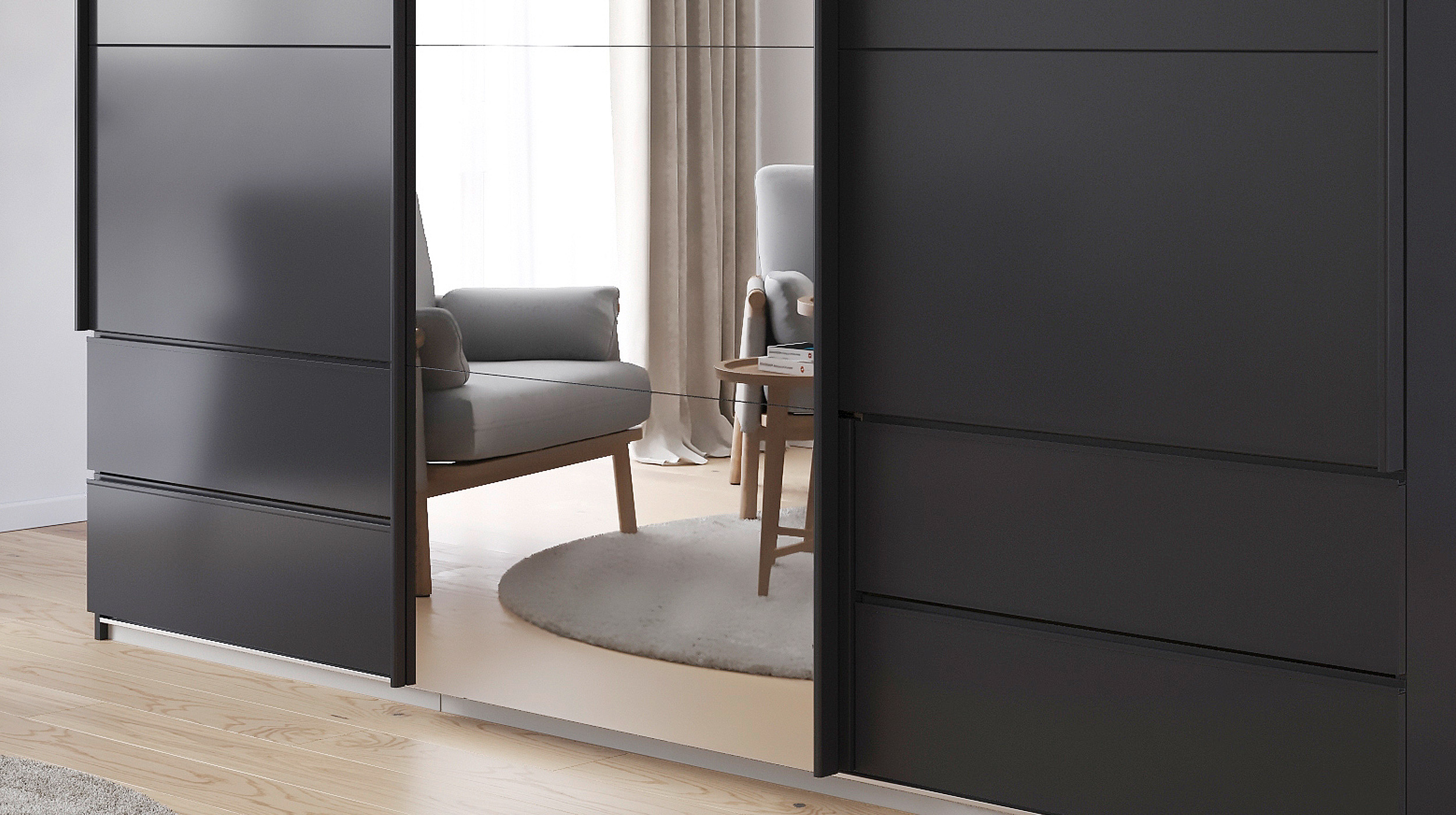 Schwebetürenschrank grau mit Spiegel - 271 cm - rauch - ELARA
