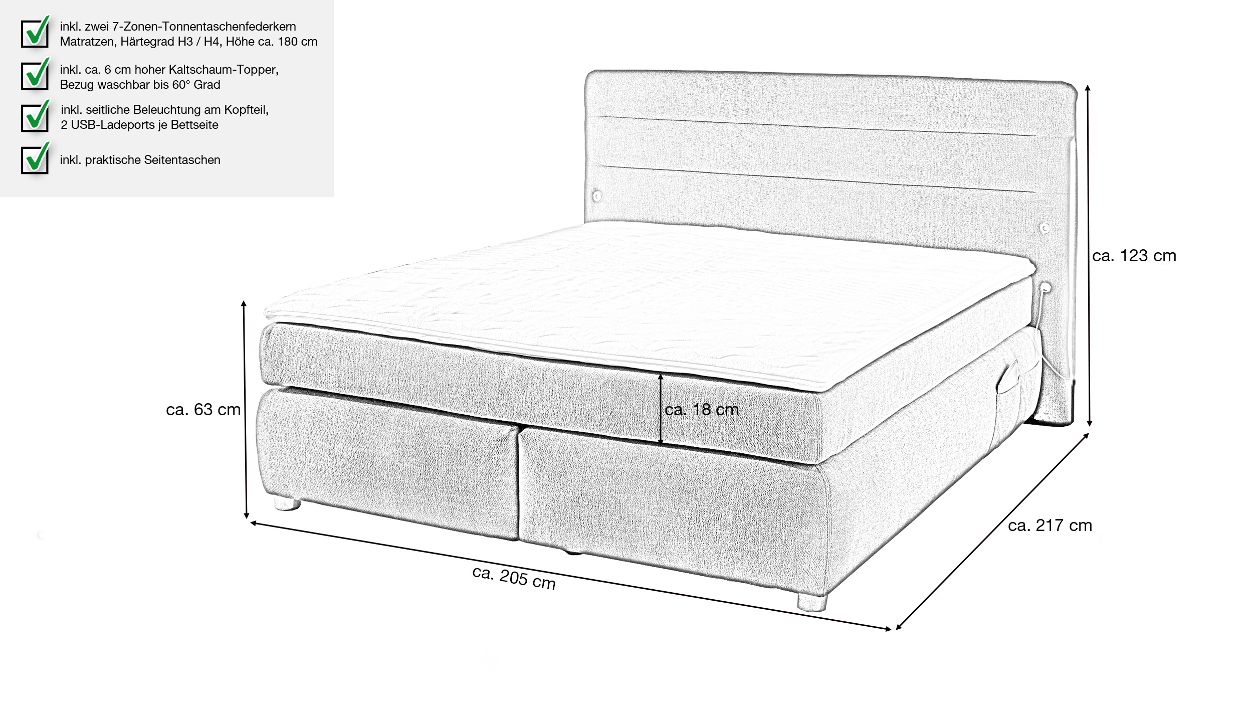 Boxspringbett 180 x 200 cm grau LED Chenille - LIVIA