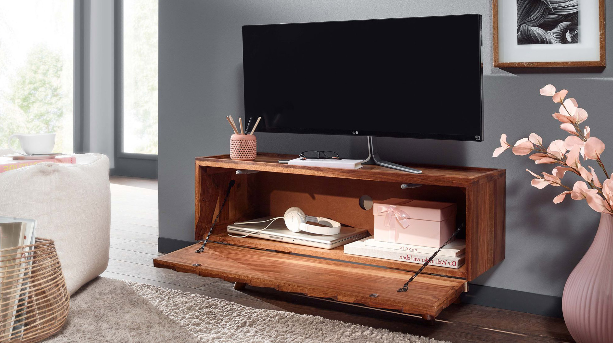 TV-Lowboard Sheesham massiv lackiert 92 cm - THRIDA