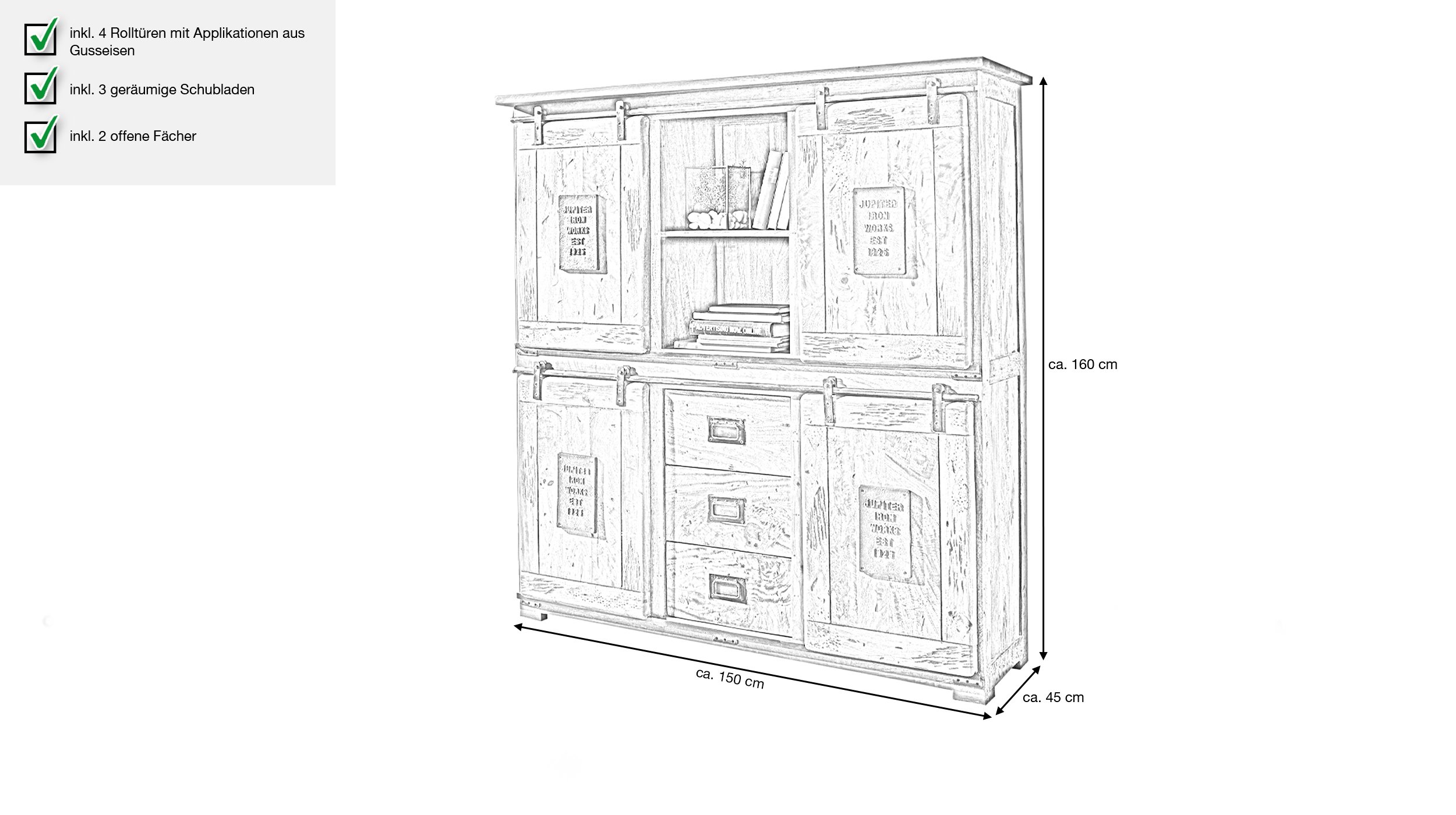 Highboard mit 4 Rolltüren Mango massiv 150 cm - EMANUEL