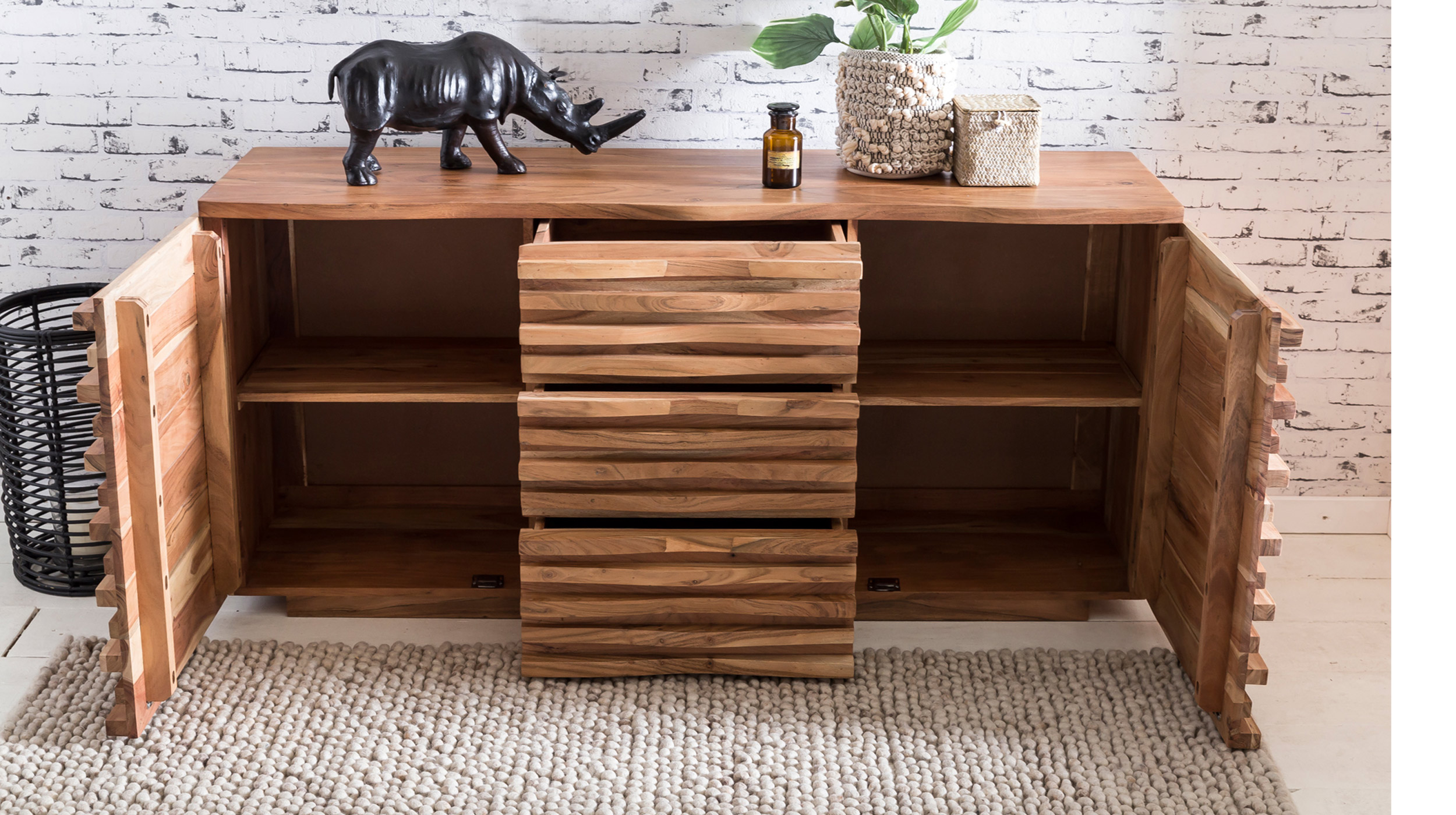 Sideboard mit 3 Schubladen Akazie massiv lackiert 160 cm - SVENTE