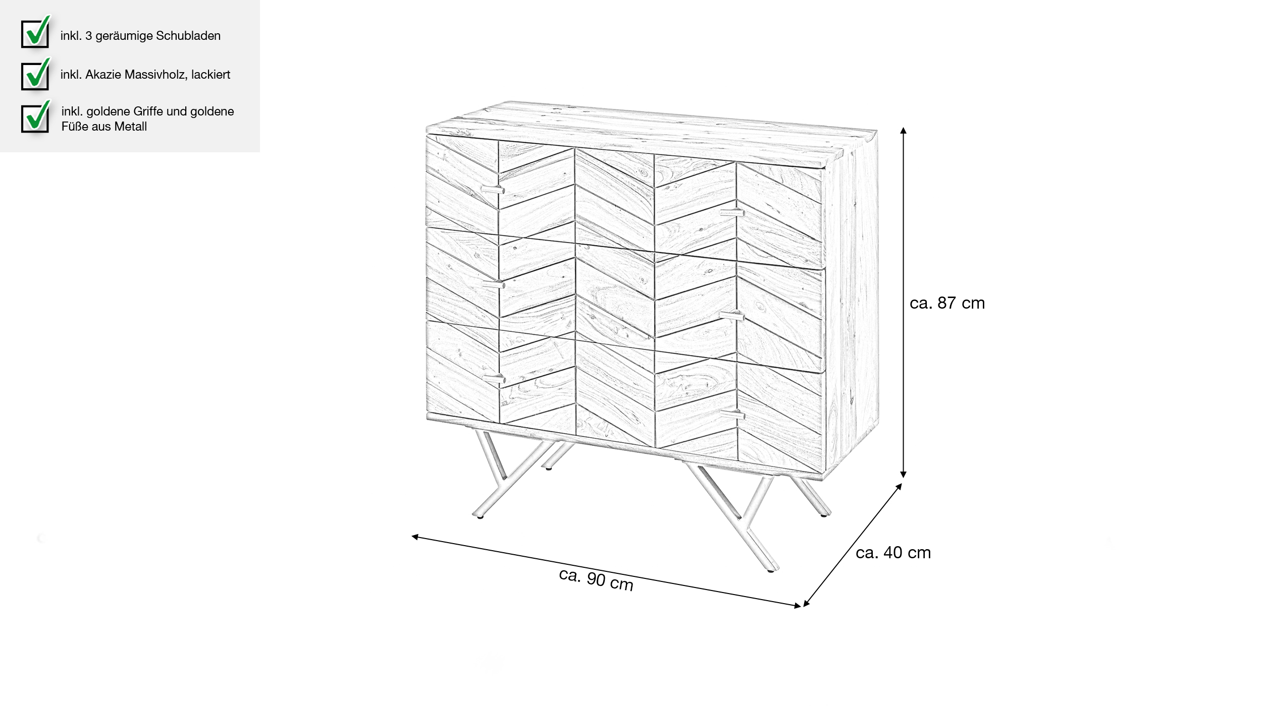 Kommode mit 3 Schubladen Akazie massiv lackiert 90 x 40 cm - ELDOR