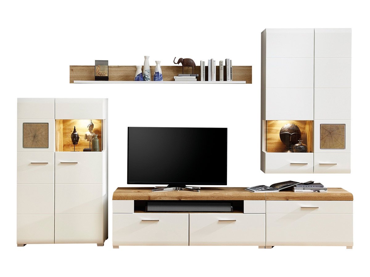 Wohnwand weiß - Eiche - 320 cm - LED-Beleuchtung - FUN PLUS
