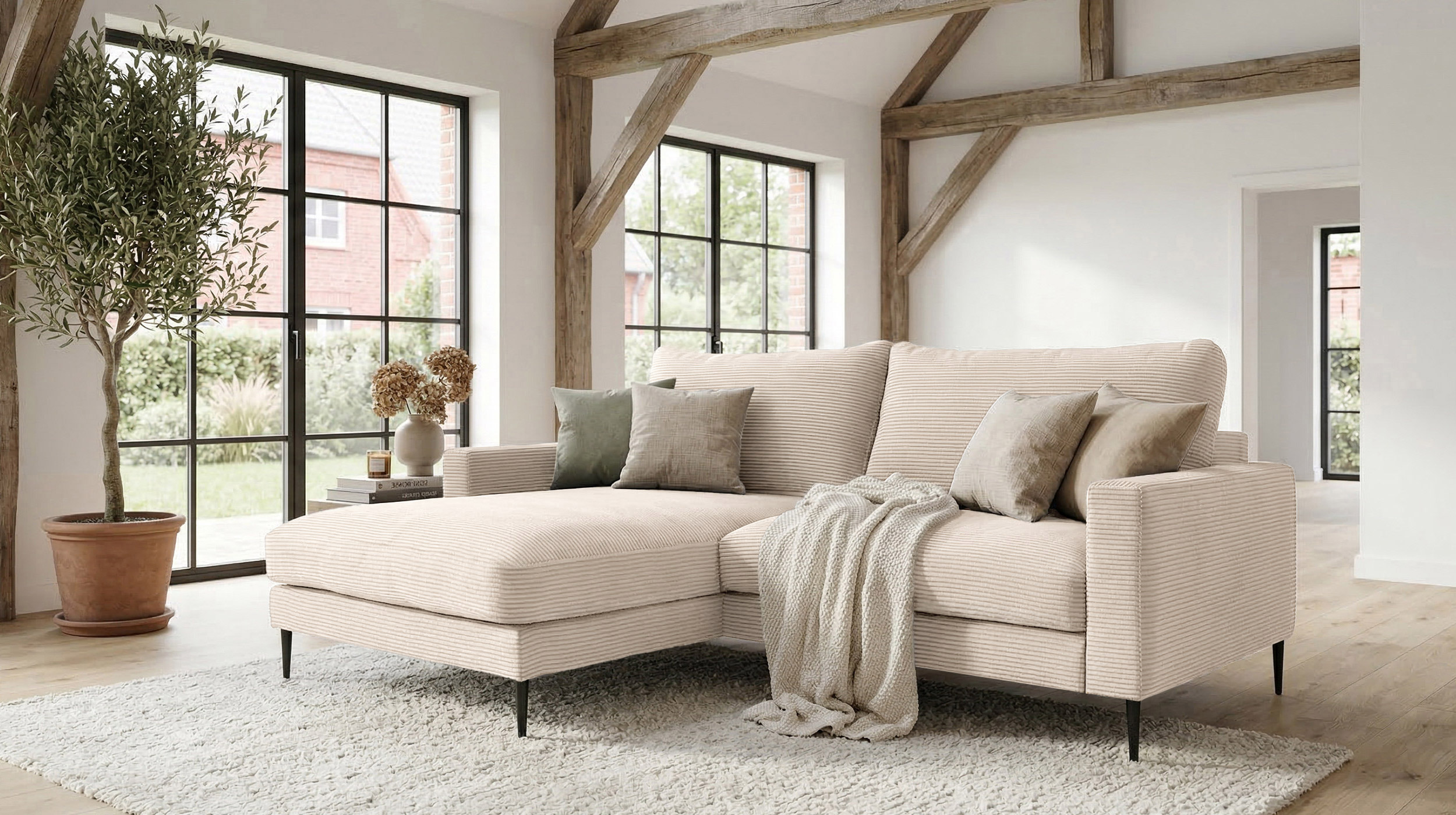 Ecksofa Cord creme 220 x 164 cm - OT links - NORDVIK