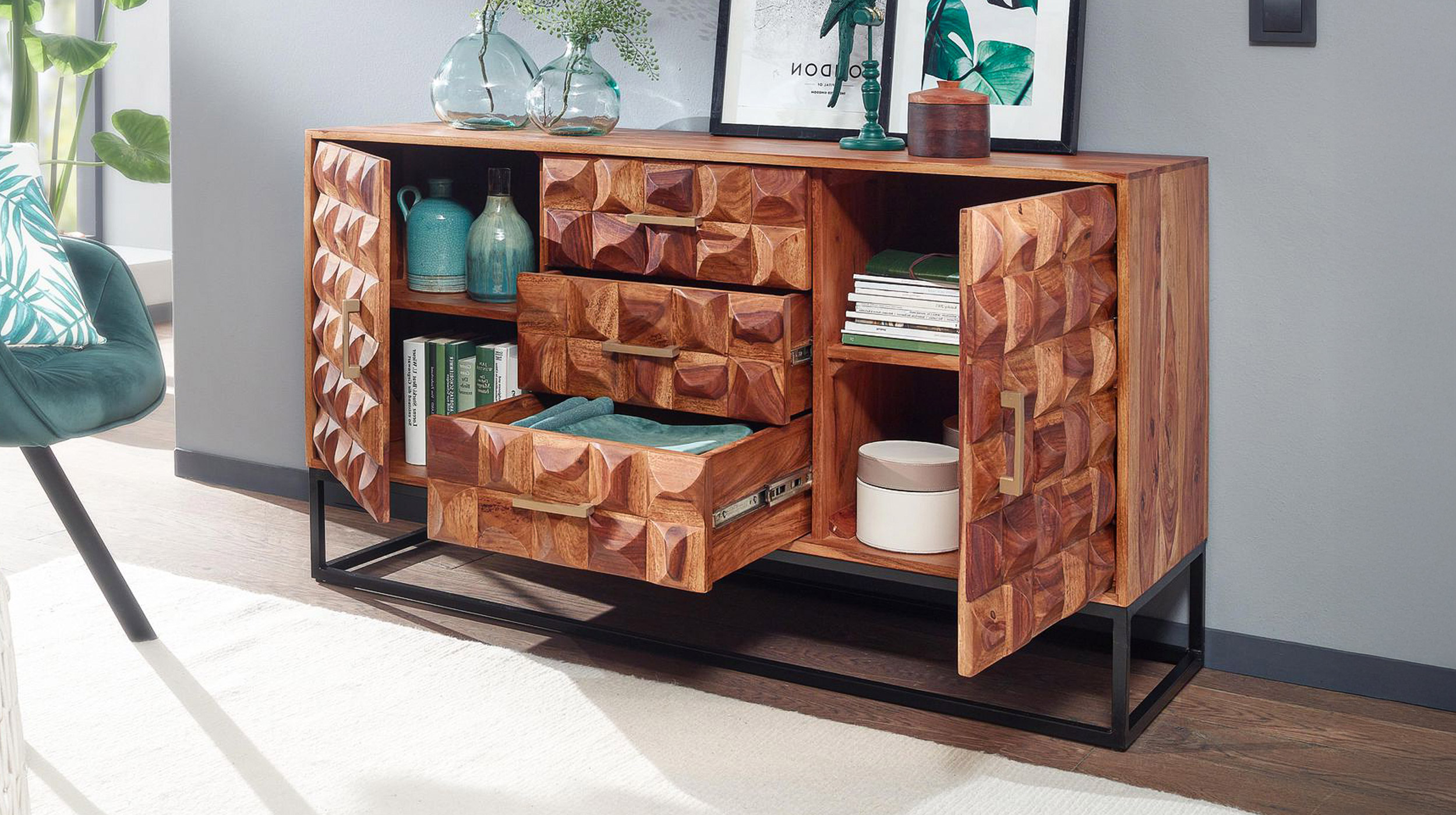 Sideboard mit 3 Schubladen Sheesham massiv gebeizt 145 cm - LENE