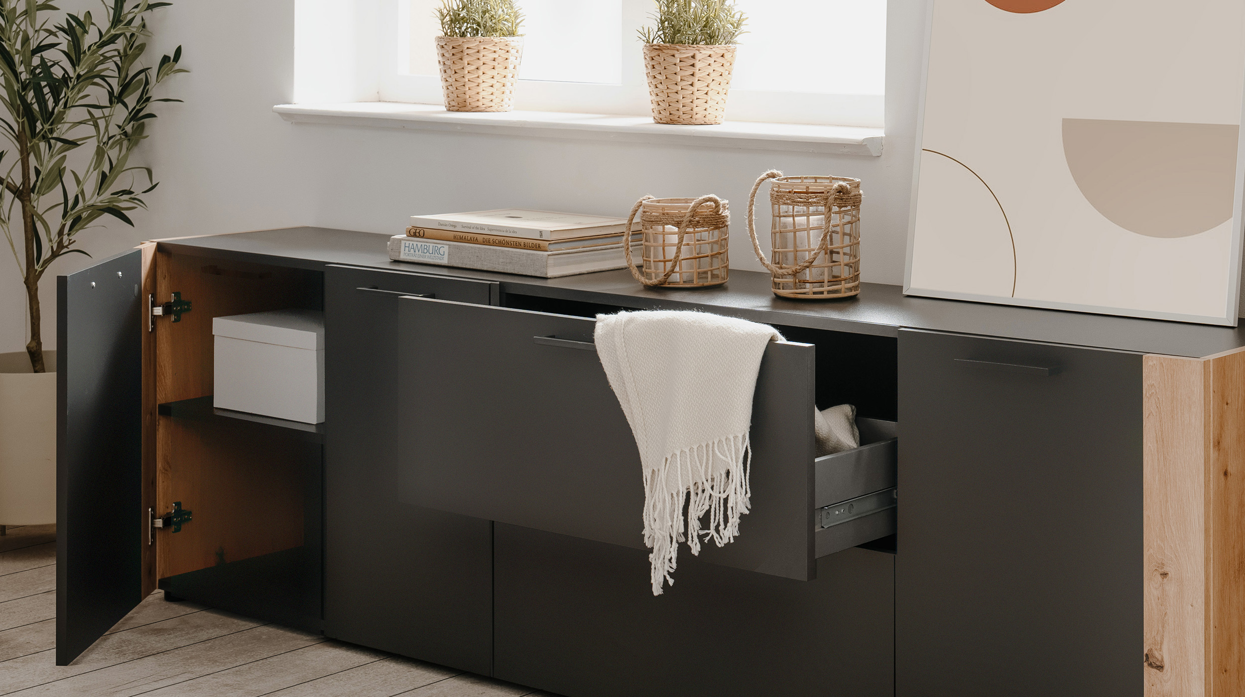 Sideboard mit 2 Schubladen anthrazit Artisan Eiche 198 cm - CENTO