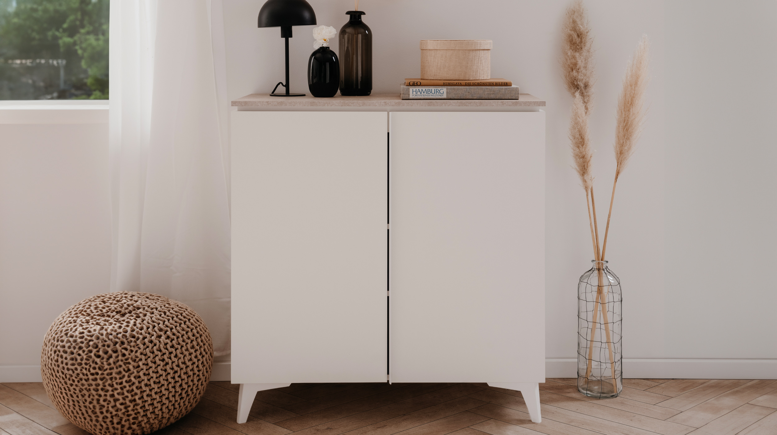Kommode mit 2 Türen weiß - Sandstein 88 x 92 cm - BERTRIX