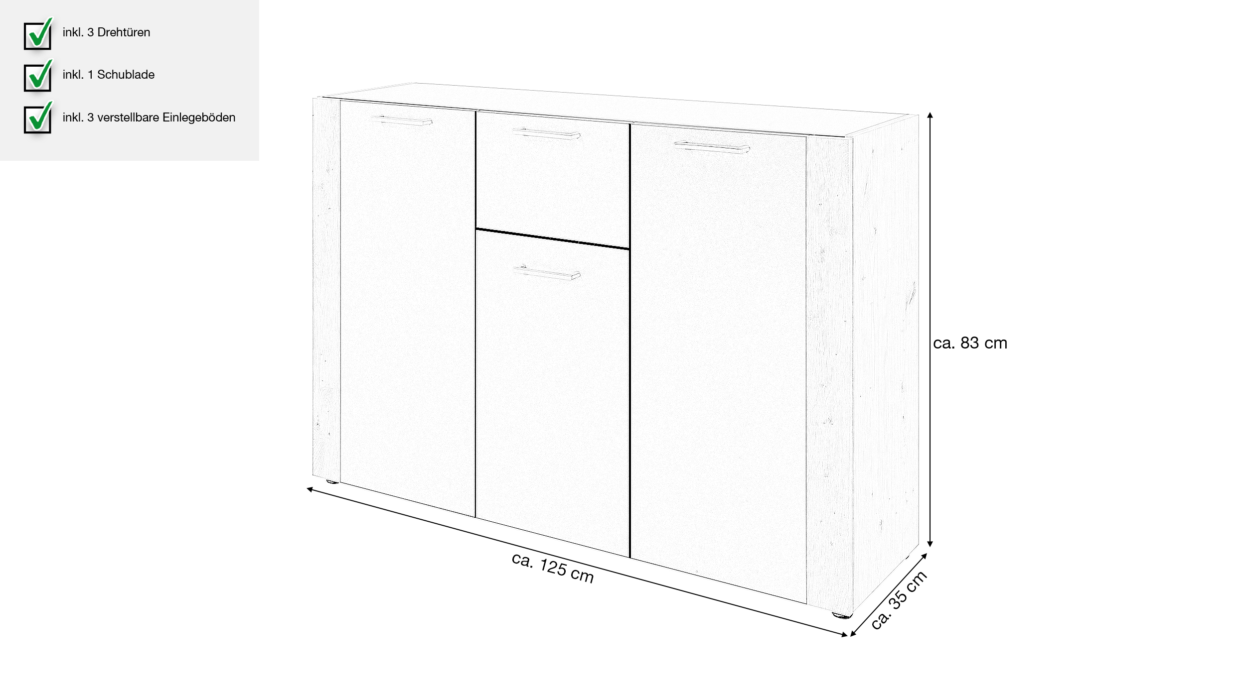 Kommode anthrazit Artisan Eiche 3-türig 125 x 35 cm - CENTO
