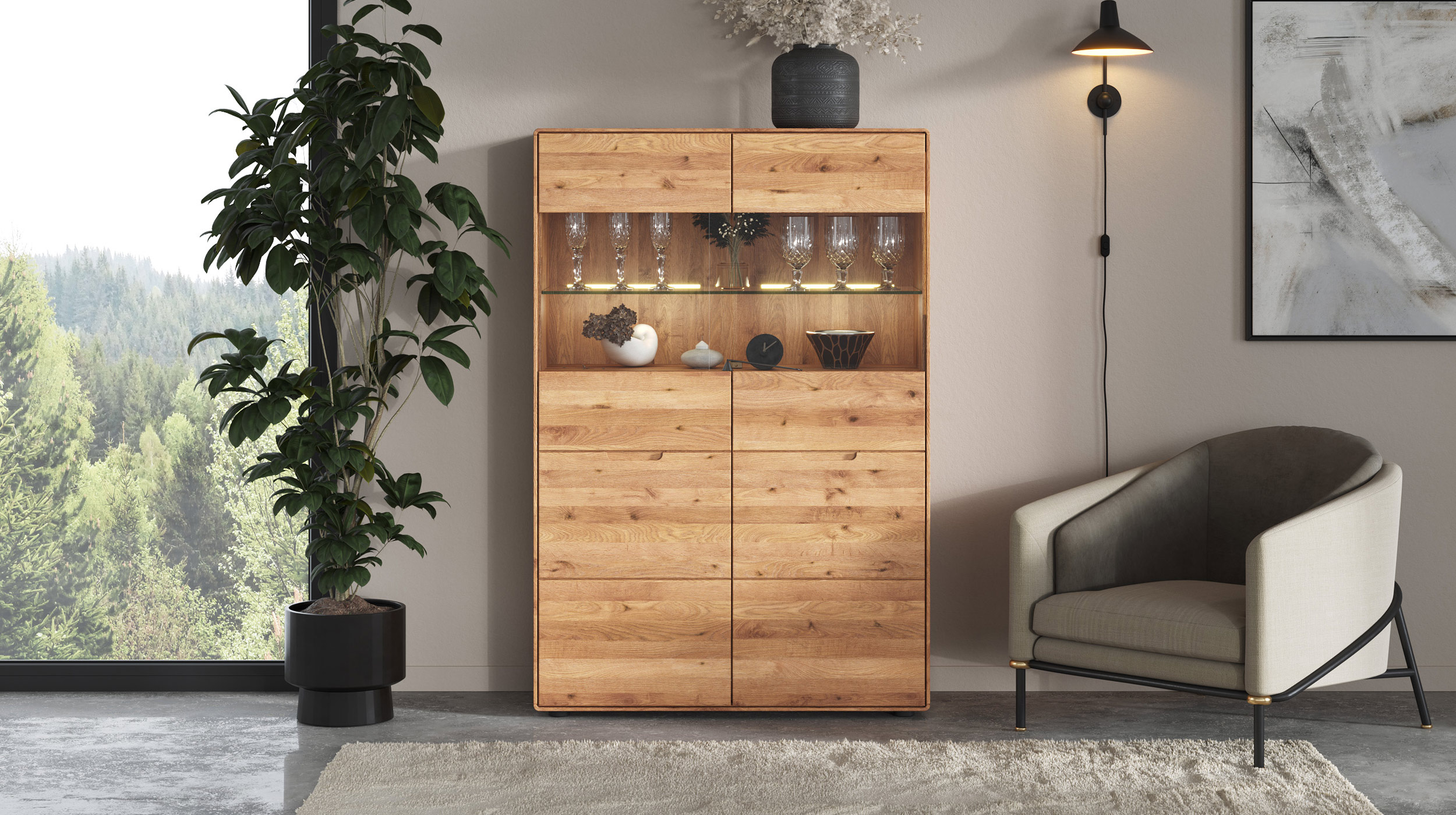 Highboard mit Glastüren Wildeiche massiv 100 cm - LUCAS