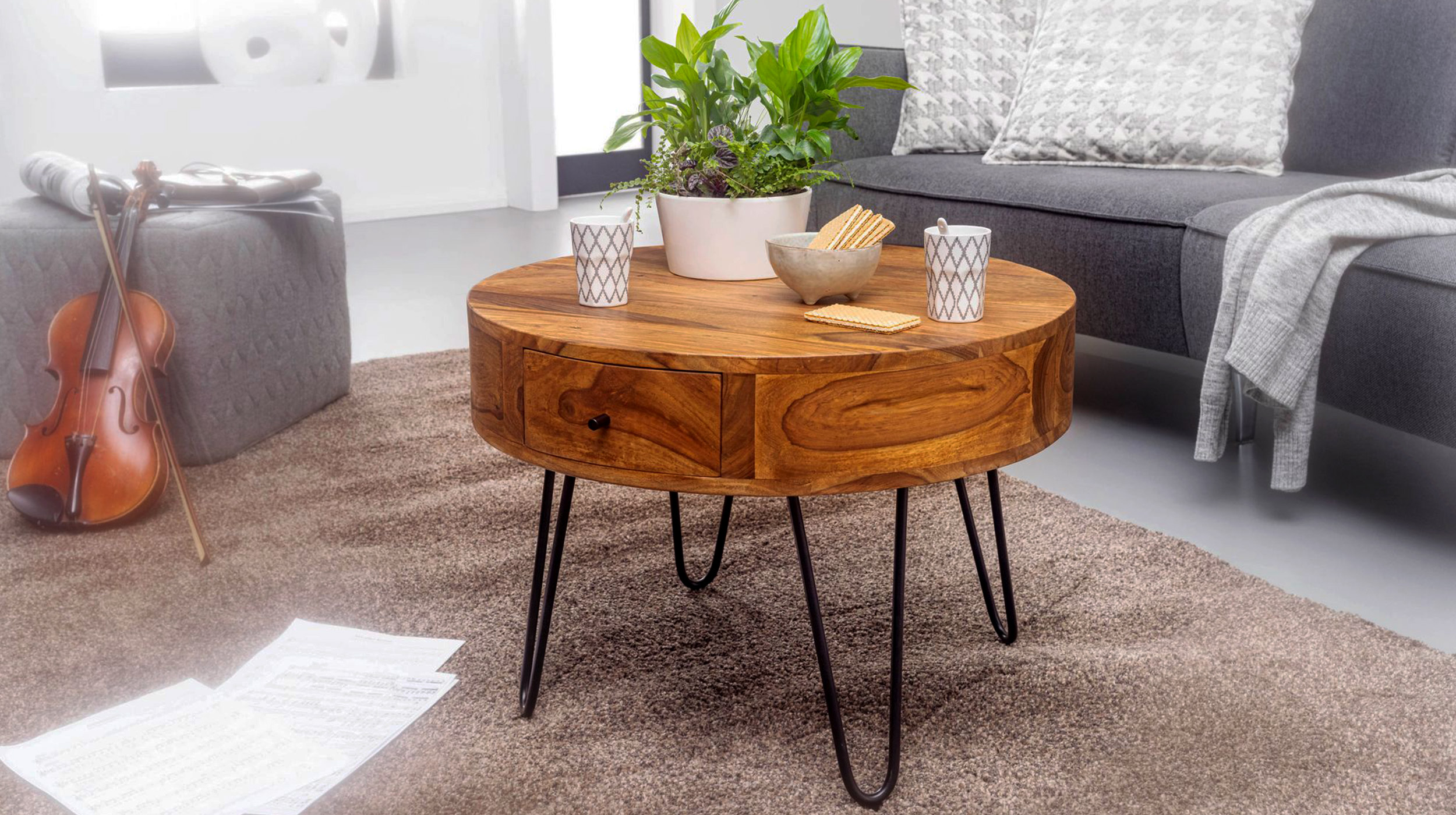 Couchtisch rund mit Schublade Sheesham massiv gebeizt 60 cm - THORE