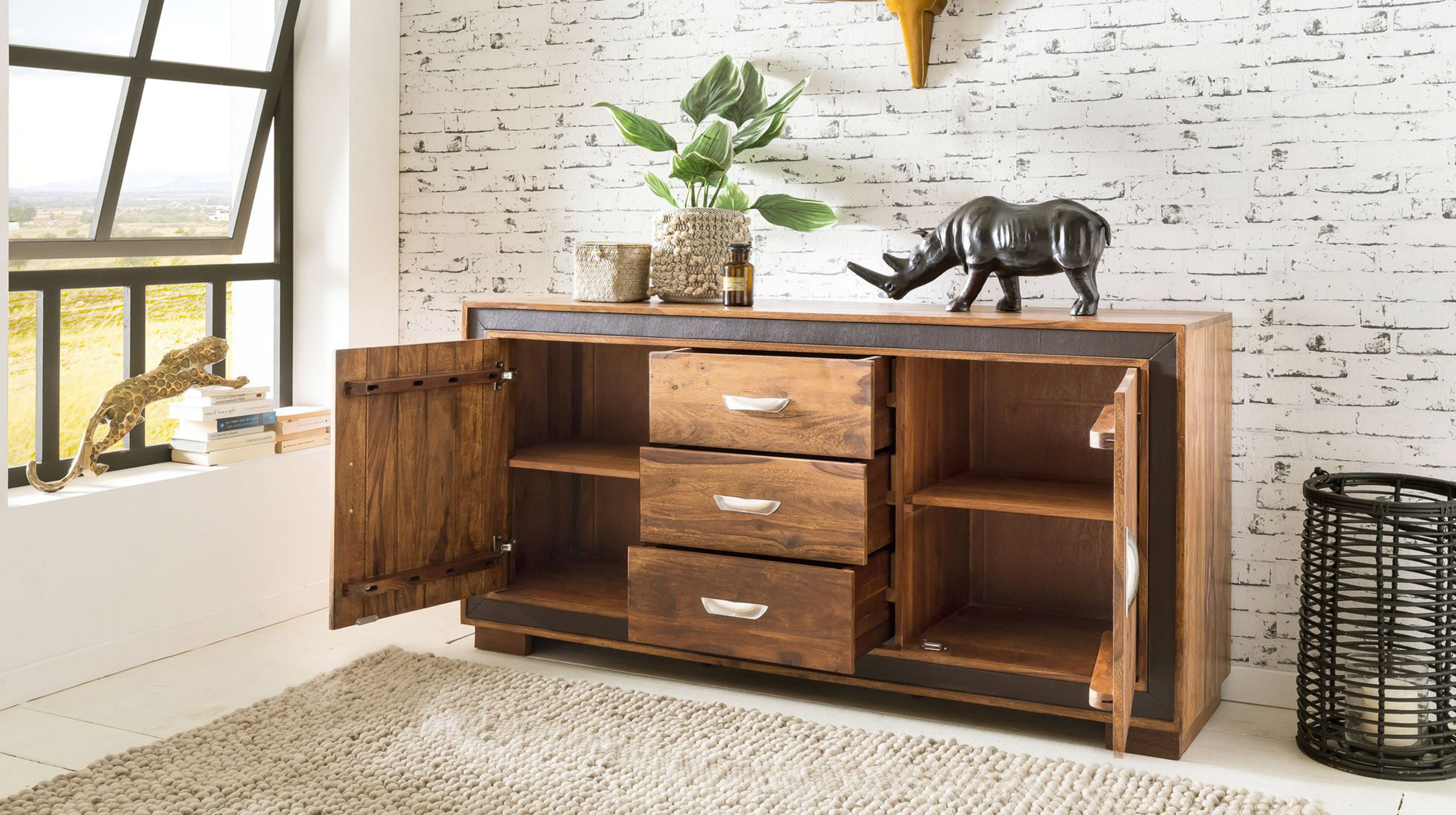 Sideboard 3 Schubladen Sheesham massiv gebeizt 160 cm - NORDLY