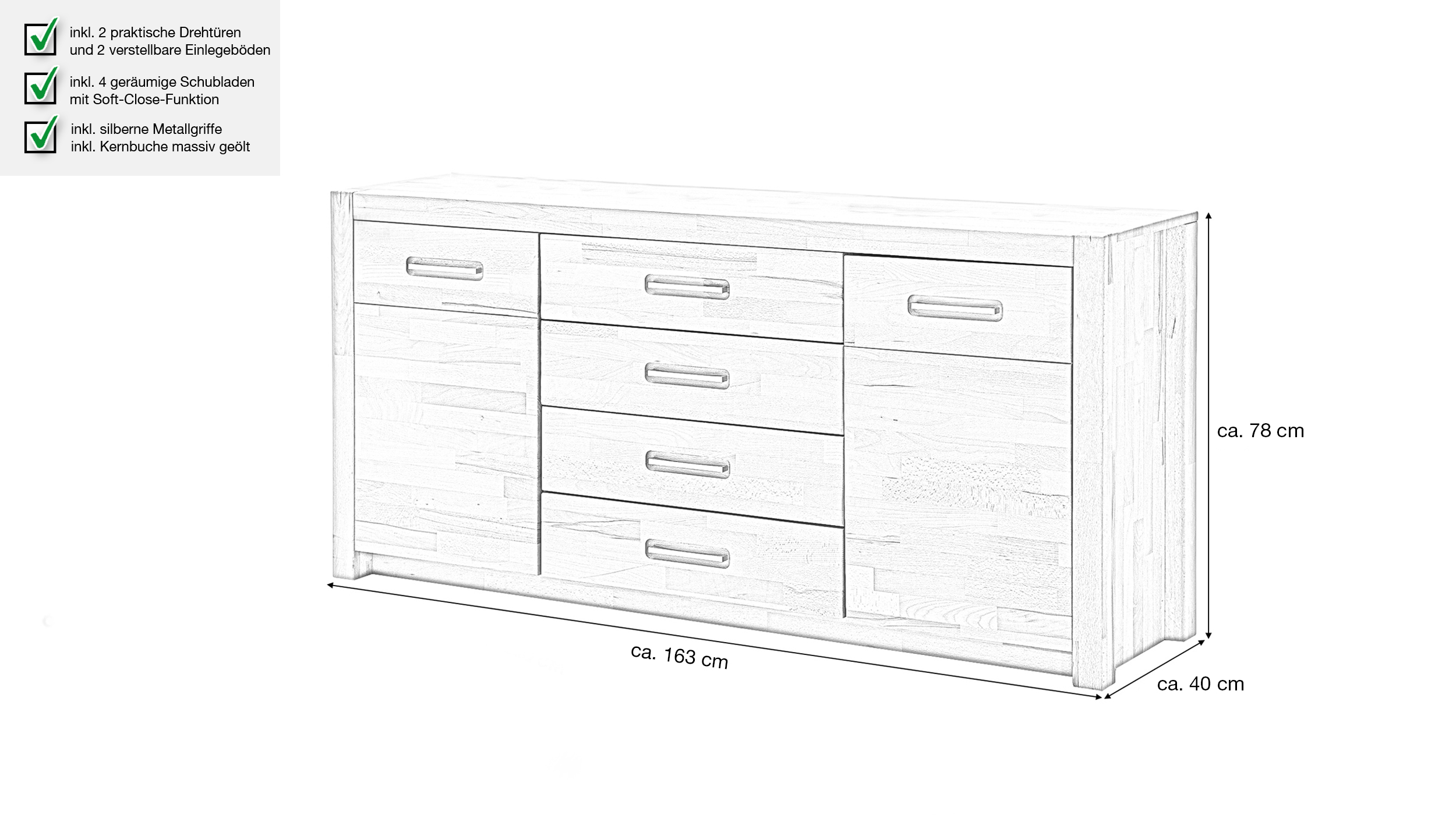 Sideboard mit 4 Schubladen Kernbuche massiv geölt 163 cm - FENJA