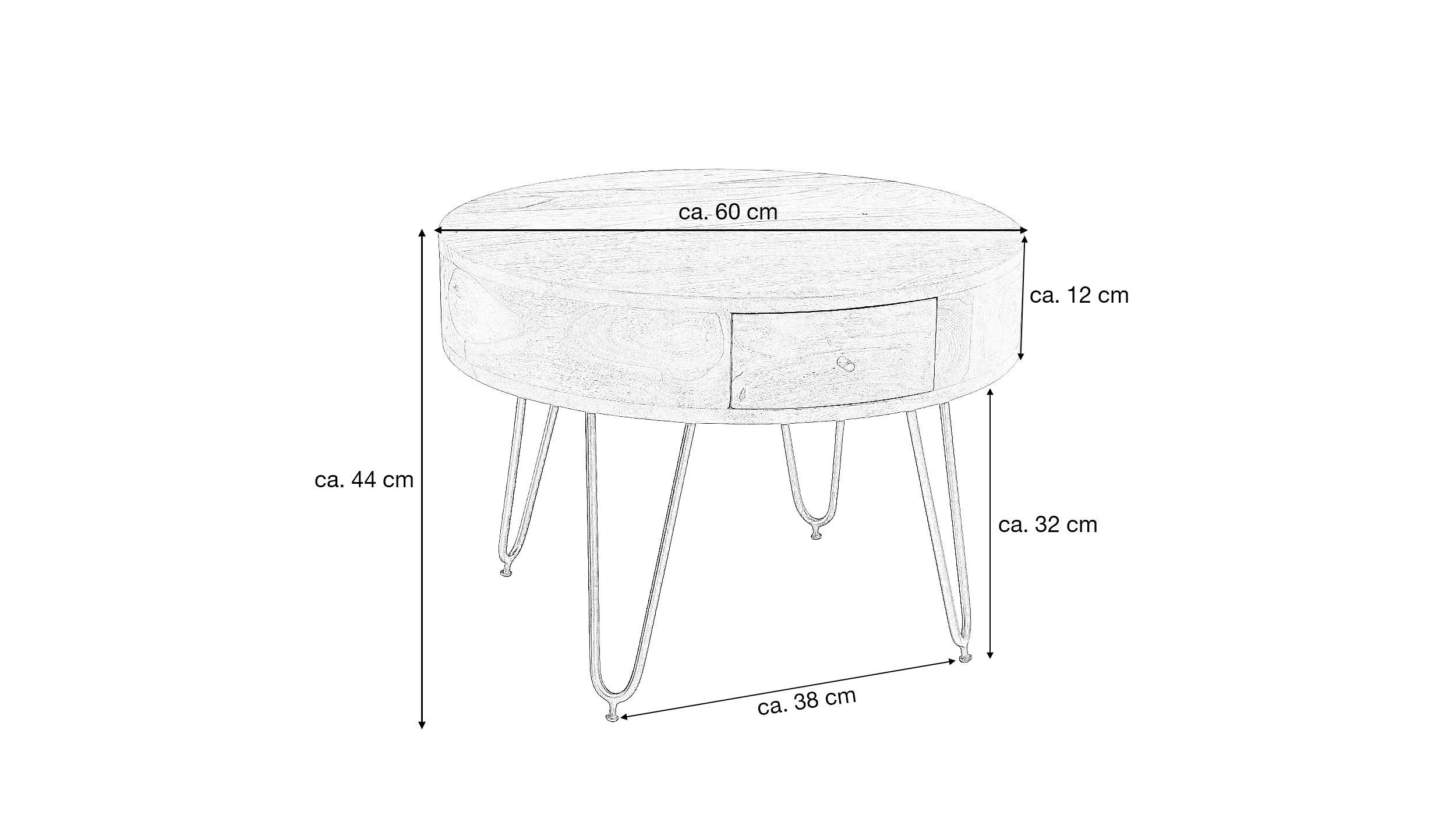 Couchtisch rund mit Schublade Sheesham massiv gebeizt 60 cm - THORE
