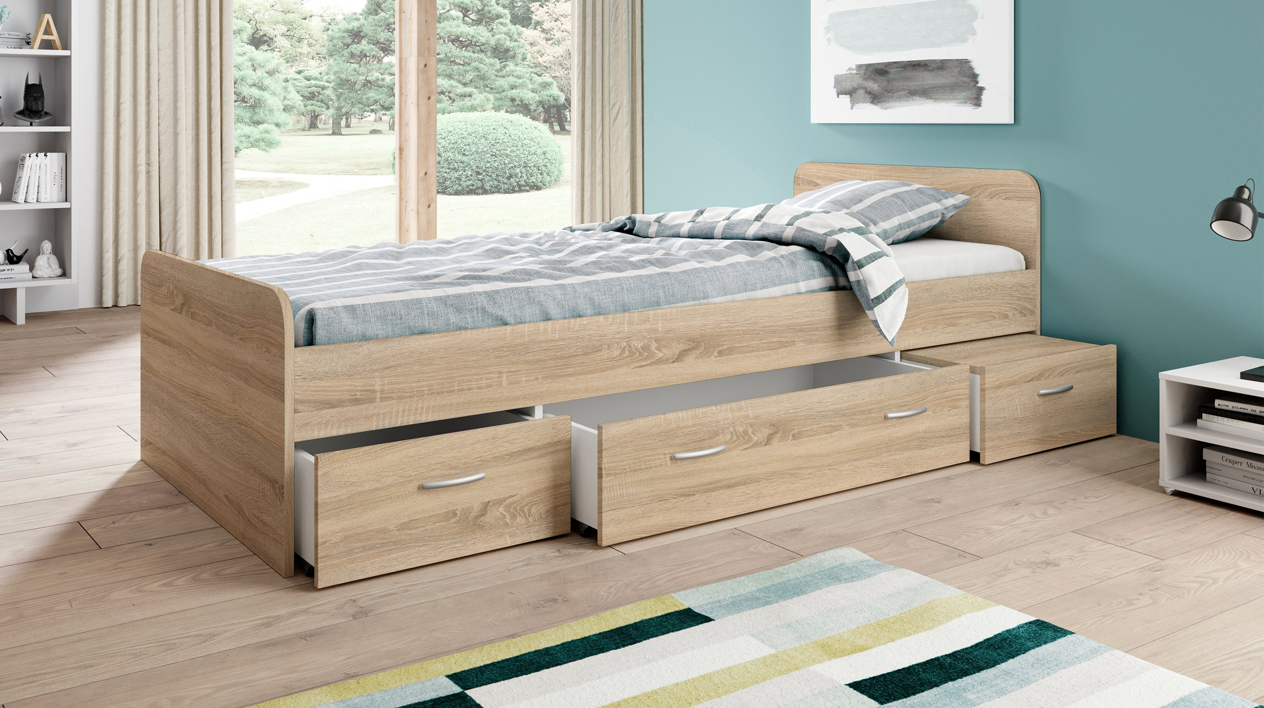 Jugendbett mit 2 Schubladen 90 x 200 cm Sonoma Eiche - BORO