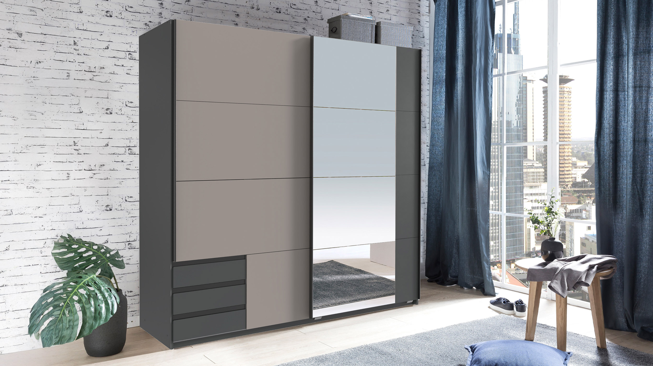 Schwebetürenschrank mit Spiegel grau - graphit 180 cm - EMDEN