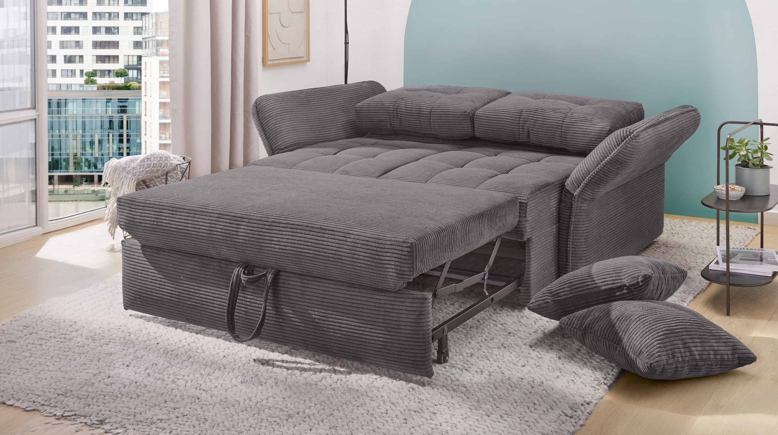 Schlafsofa Cord grau ausziehbar 147 x 105 cm - LEON