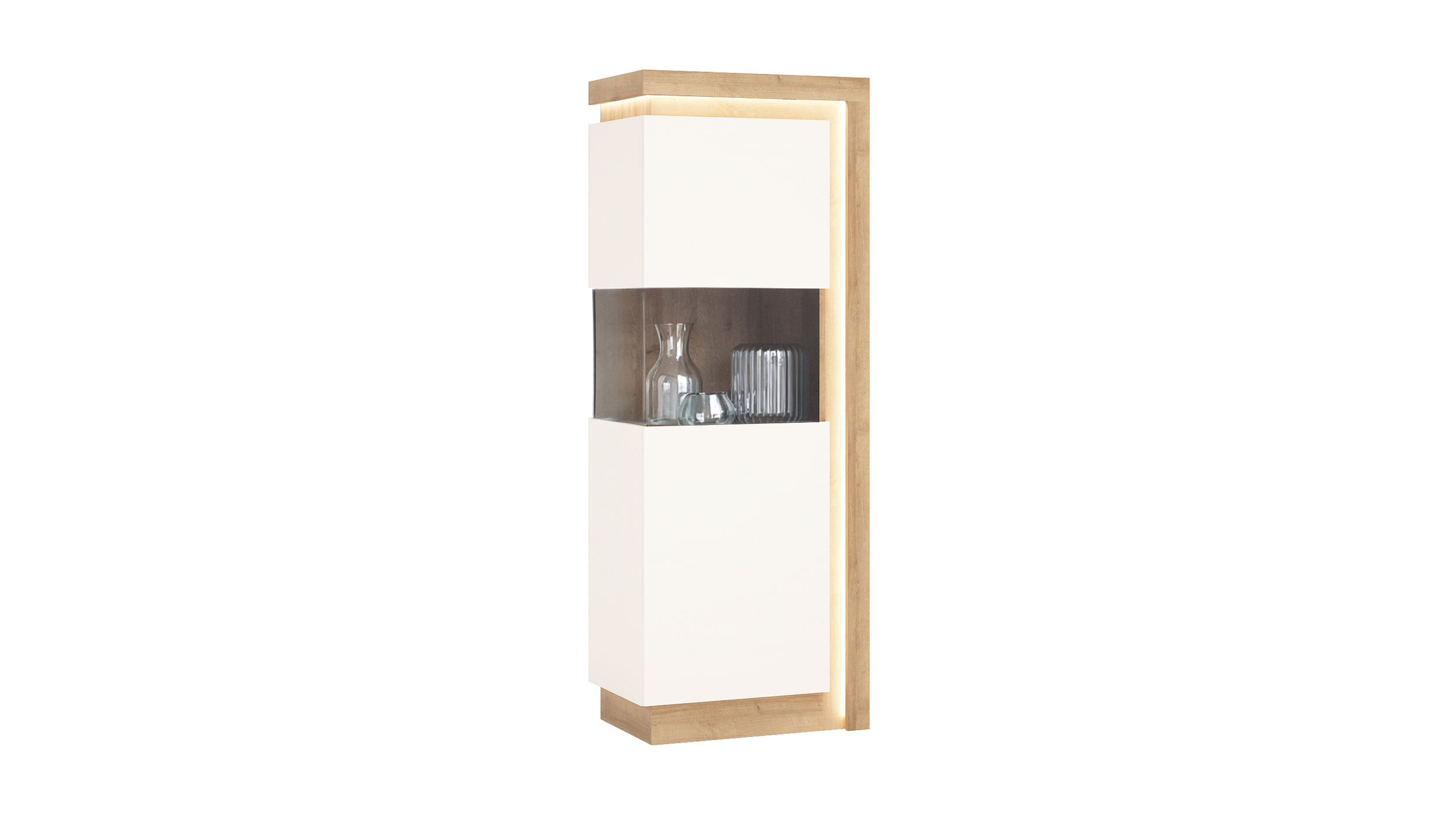 Vitrine mit Beleuchtung weiß Hochglanz - Riviera Eiche Breite 60 cm - LYON