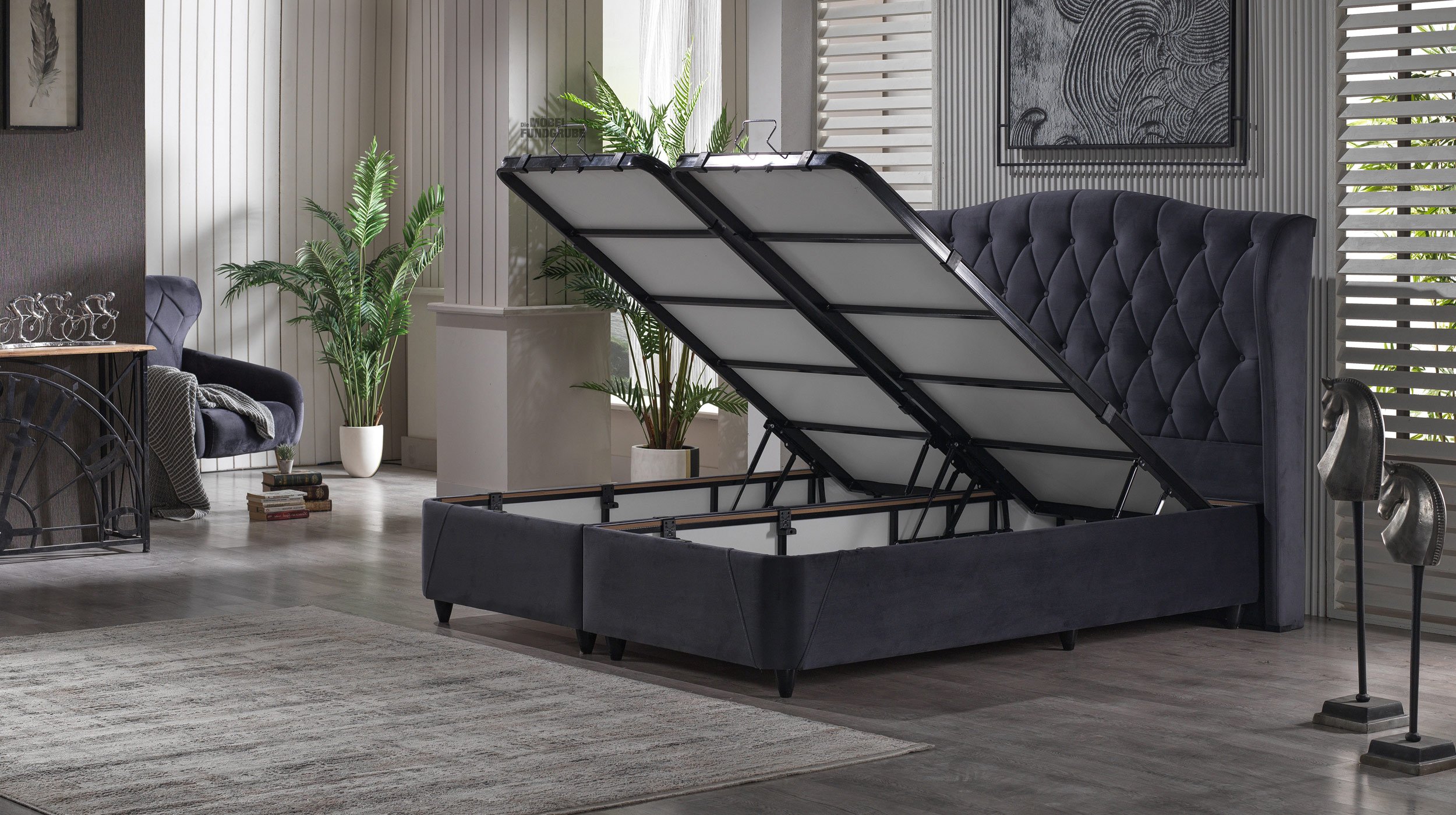 Boxbett 180 x 200 cm grau mit Bettkasten und Topper - INDIGO